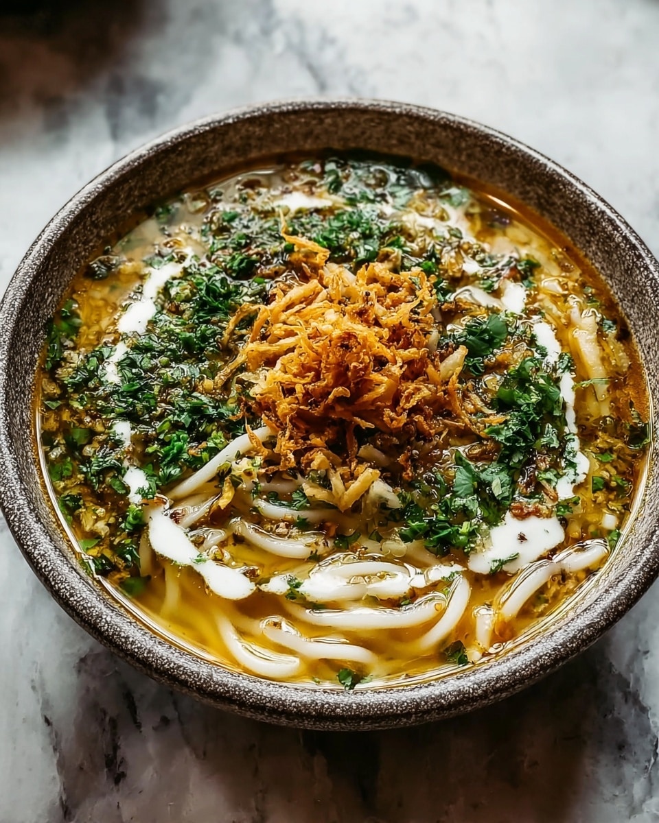 A round bowl filled with a noodle soup showing three main layers: the bottom layer is a clear golden broth, the middle layer has white thick noodles submerged but visible, and the top layer is a mix of small green chopped herbs scattered all over, white creamy swirls of sauce on one side, and a small heap of crispy golden fried onions placed in the center. The bowl has a rustic grey edge with a rough texture and the background is a white marbled surface. photo taken with an iphone --ar 4:5 --v 7