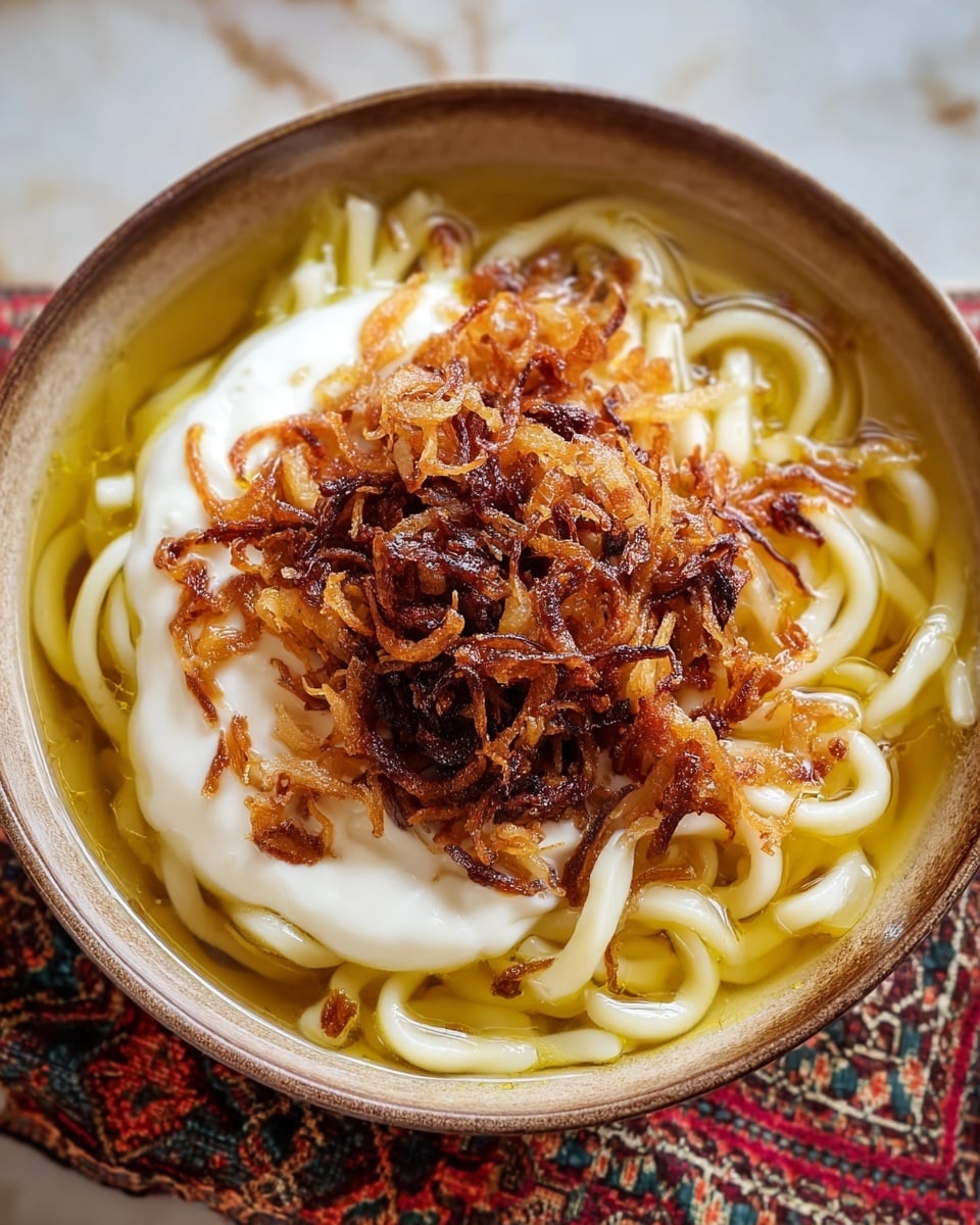A white bowl holds thick, pale yellow noodles soaked in a clear, golden broth that looks oily and rich. On top of the noodles, there is a smooth, creamy white layer of yogurt or cream, and covering that is a generous heap of dark golden-brown, crispy fried onions, adding a crunchy texture and a deep color contrast. The bowl rests on a patterned cloth on a white marbled texture. photo taken with an iphone --ar 4:5 --v 7