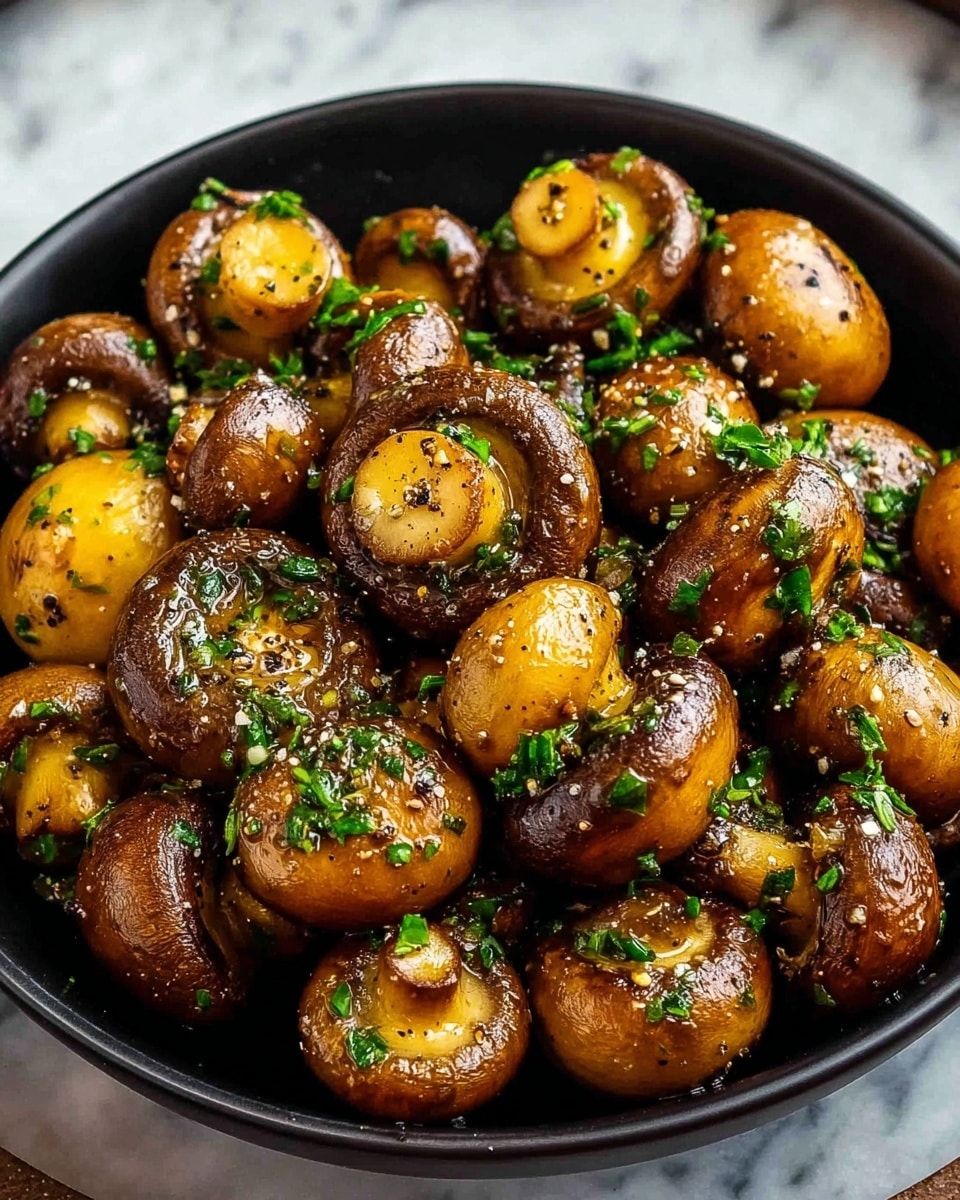 A close-up view of a black bowl filled with cooked whole mushrooms that are golden brown and glistening with a light oily sheen. The mushrooms are garnished with small pieces of chopped green herbs scattered evenly across the surface, with a few visible specks of ground black pepper. The bowl is placed on a white marbled surface, adding a soft contrast to the dark colors of the mushrooms and bowl. The mushrooms have a slightly shiny, moist texture showing they are freshly cooked. photo taken with an iphone --ar 4:5 --v 7
