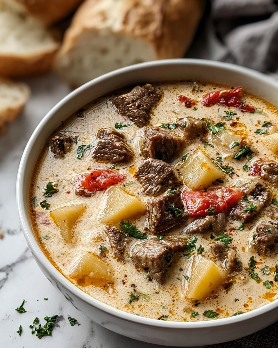 A deep white bowl filled with creamy soup layered with chunks of tender brown beef, pieces of red tomatoes, and small yellow potatoes floating in the rich, light beige broth speckled with green herbs and tiny drops of oil. The soup looks thick and hearty, with visible seasoning and texture on the meat and vegetables. In the background, there are pieces of rustic bread resting on a white marbled texture. The image is captured closely, showing the soup's comforting and rich appearance. photo taken with an iphone --ar 4:5 --v 7