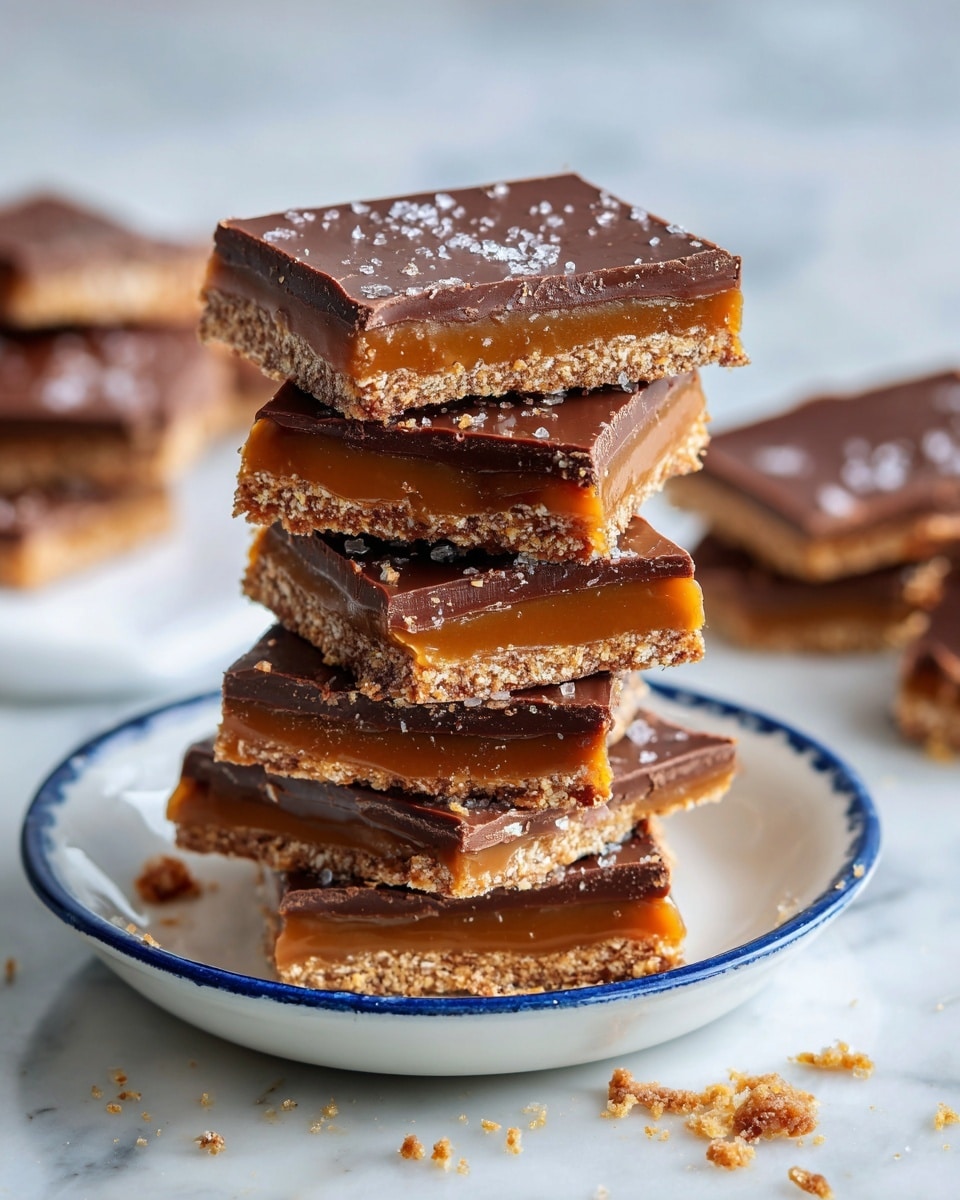 A stack of seven square pieces of chocolate toffee bark is placed on a white plate with a blue interior. Each piece shows three clear layers: a smooth, dark brown chocolate top layer with slight unevenness, a sticky, golden caramel middle layer, and a crunchy, light tan toffee bottom layer. The pieces are broken unevenly, and small crumbs are scattered on the plate and white marbled surface around it. In the background, there are two more broken pieces resting flat on the white marbled surface. The lighting highlights the shiny texture of the caramel and chocolate layers. photo taken with an iphone --ar 4:5 --v 7