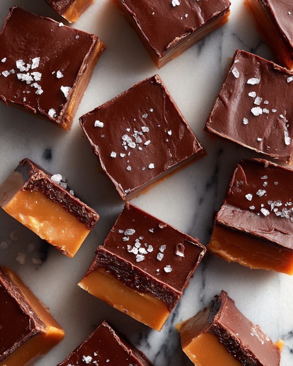 This image shows many square pieces of a dessert arranged on a white marbled textured surface. Each piece has two layers: a smooth, dark brown chocolate layer on top with a slightly cracked texture, and a shiny, light brown caramel or toffee layer underneath that looks soft and glossy. The pieces are uneven in size and placed close together, some overlapping slightly, with a few small salt flakes scattered on top of the chocolate layer, adding texture and contrast. The overall look is rich and inviting, with a mix of smooth and rough surfaces. photo taken with an iphone --ar 4:5 --v 7