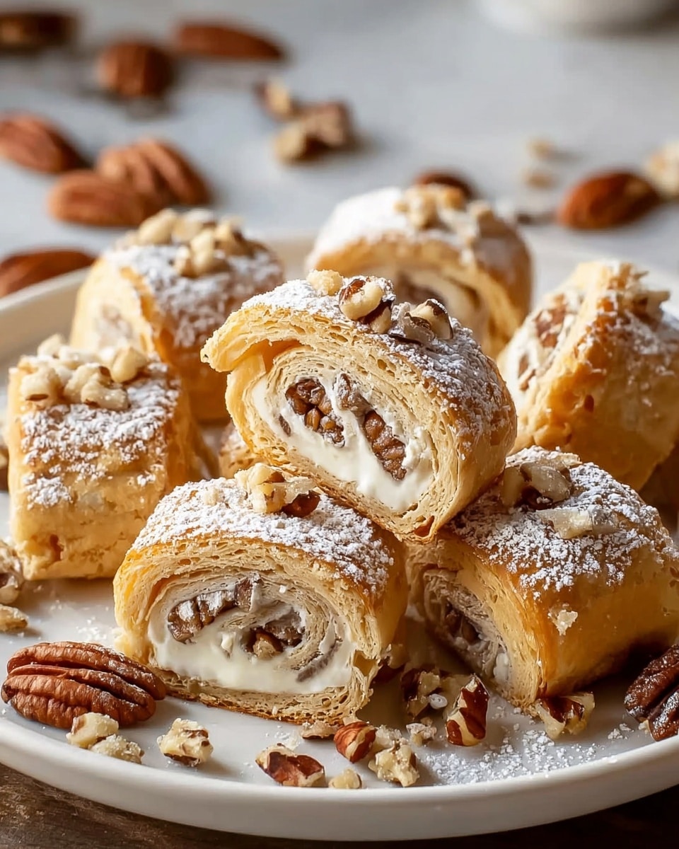 The image shows a white plate filled with small, roll-shaped pastries with three visible layers: a light golden-brown outer crust, a creamy white middle layer, and a nutty filling with chopped pecans spread through the center in a spiral. The pastries are topped with powdered sugar and small chunks of pecans, with a light drizzle of cream or icing running down the sides of some pieces. Whole pecan halves and chopped pieces are scattered casually around the plate, which sits on a white marbled surface. The soft light highlights a slightly flaky texture on the crust and the creamy filling's smoothness. photo taken with an iphone --ar 4:5 --v 7