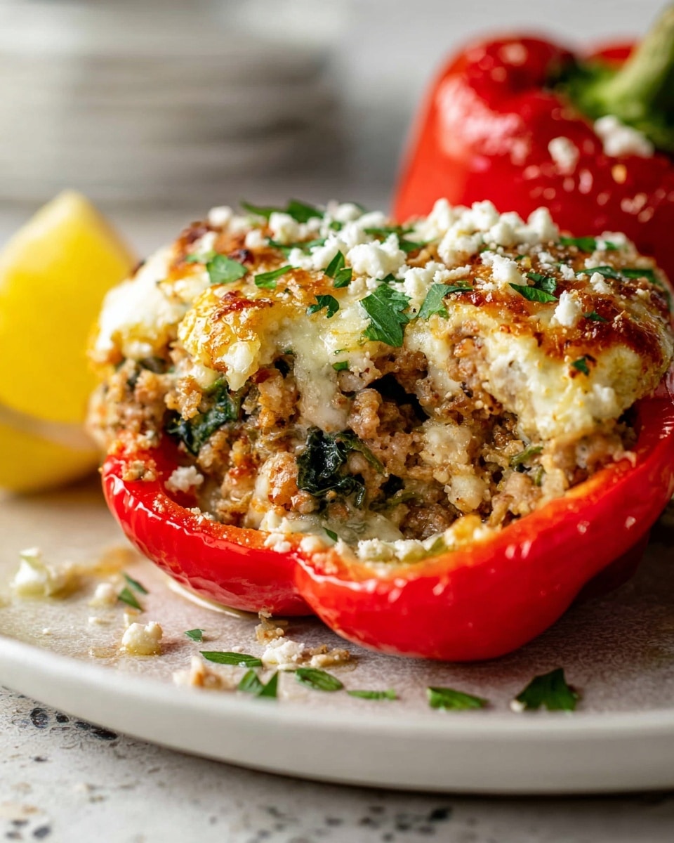 A close-up view of a stuffed red bell pepper cut in half, showing three main layers: a bright red outer pepper shell, a thick middle layer of cooked ground meat mixed with greens, and a top layer of golden-browned melted cheese sprinkled with white cheese crumbs and chopped green herbs. The dish is placed on a white plate on a white marbled texture surface, with a few crumbs and herbs scattered around and a bright yellow lemon wedge on the side. Photo taken with an iphone --ar 4:5 --v 7