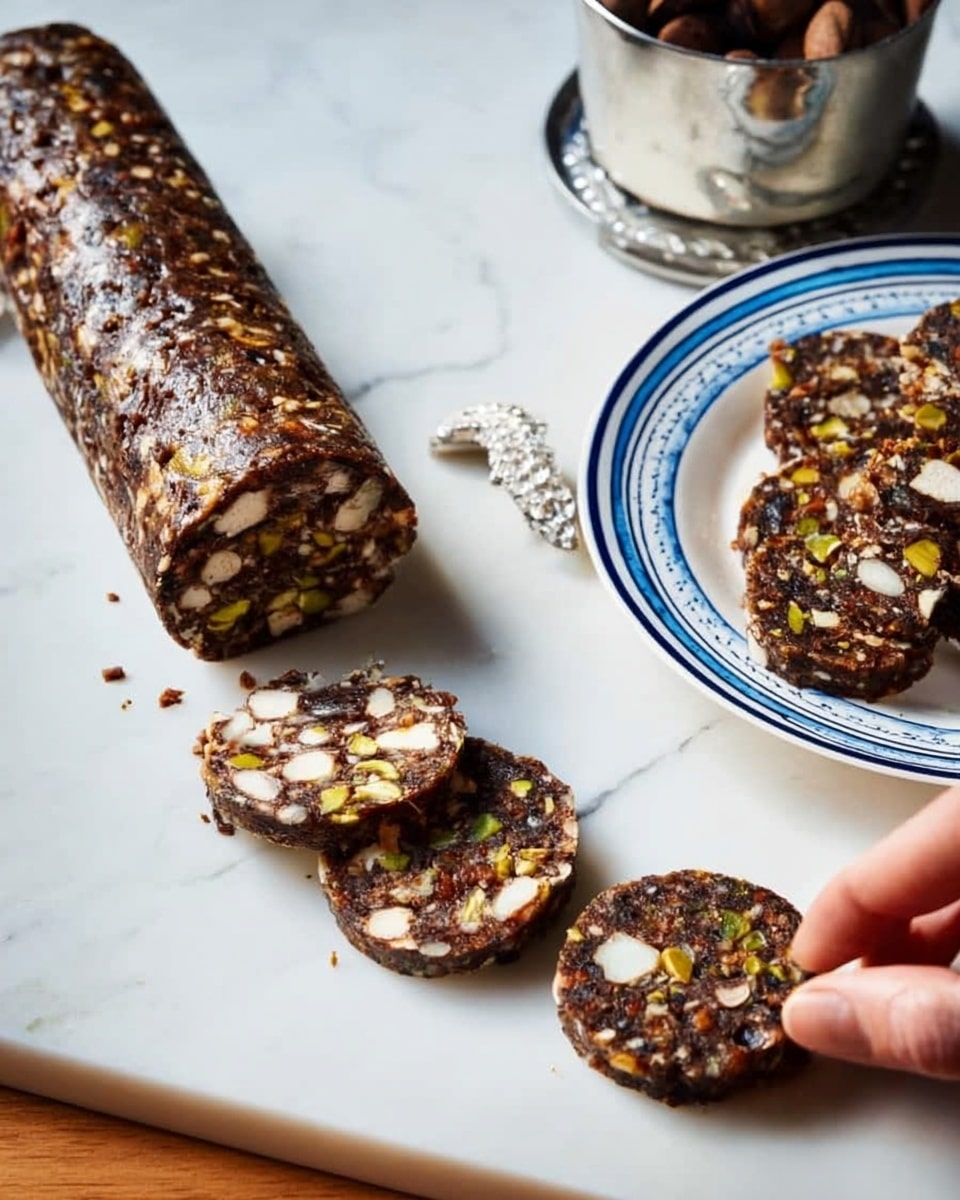 A long, cylindrical log of dark brown nut and fruit mixture, textured with visible pieces of nuts and seeds, lies on a white marbled surface. Several round slices have been cut from the log, showing a cross-section with white nut chunks and bits of green pistachio scattered inside. The slices have a shiny, sticky appearance. To the right, a white plate with blue stripes holds more round pieces. A woman's hand is placing one slice on the plate. In the background, a small white bowl contains some dark items, and a silver cup holder is partially visible. Photo taken with an iphone --ar 4:5 --v 7