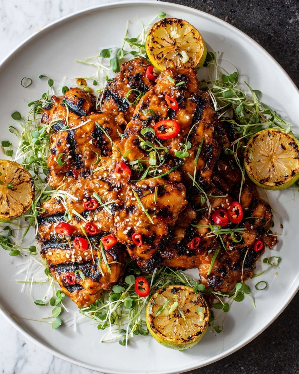 A white plate holds multiple pieces of grilled chicken with dark char marks, stacked loosely in the center. The chicken has a shiny, caramelized orange-brown glaze with visible spices and sliced red chili peppers scattered on top. Around the chicken pieces are bright green sprouts adding fresh color. There are four grilled lime halves with golden-brown grill marks placed around the chicken, enhancing the look with their yellow-green flesh. The plate sits on a white marbled surface. photo taken with an iphone --ar 4:5 --v 7