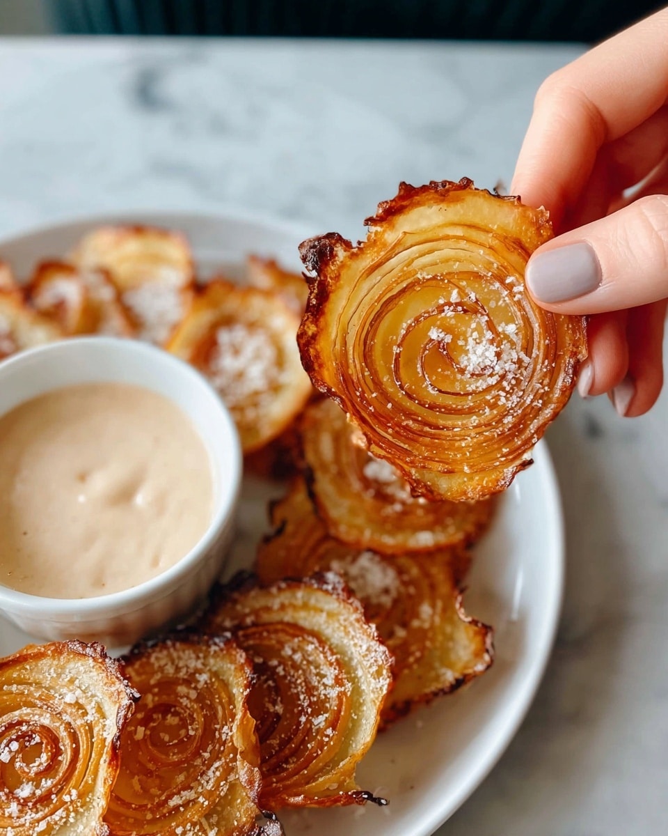 A close-up shows a woman's hand holding a thin, round, golden-brown crispy onion chip with caramelized edges and a spiral pattern in the center, sprinkled with white coarse salt. Below, a white plate holds multiple similar onion chips stacked slightly together. To the left on the plate, there is a small white bowl filled with smooth, creamy, light beige dipping sauce. The background is a white marbled surface. photo taken with an iphone --ar 4:5 --v 7