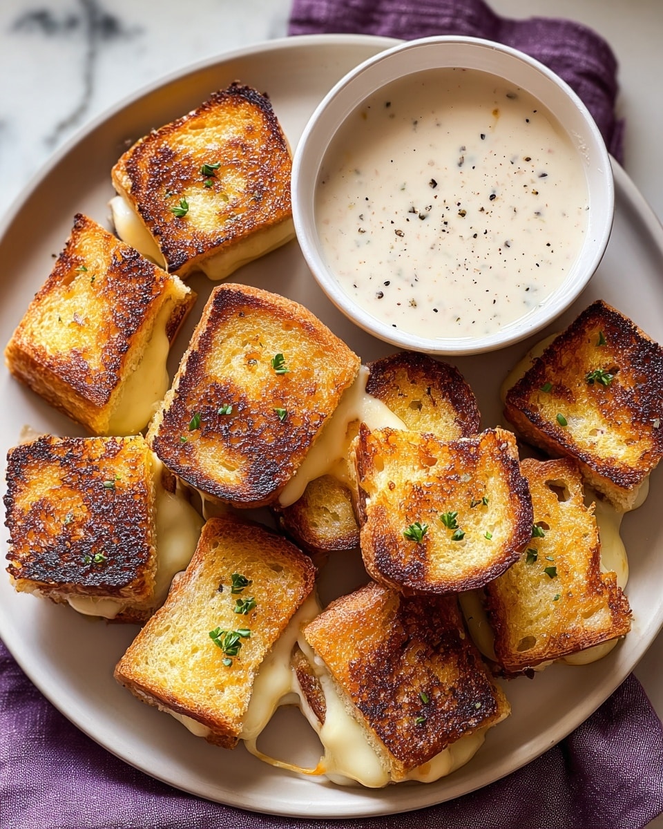 A white round plate holds ten small square grilled cheese sandwiches with golden brown toasted bread that has some darker charred spots on top. The sandwiches show melted cheese oozing out from the edges, with a few sprinkled green herbs on top. Next to the sandwiches is a small white bowl filled with creamy white dipping sauce with visible black pepper specks. The plate sits on a white marbled surface, and a purple cloth is partially visible under the plate's edge. photo taken with an iphone --ar 4:5 --v 7