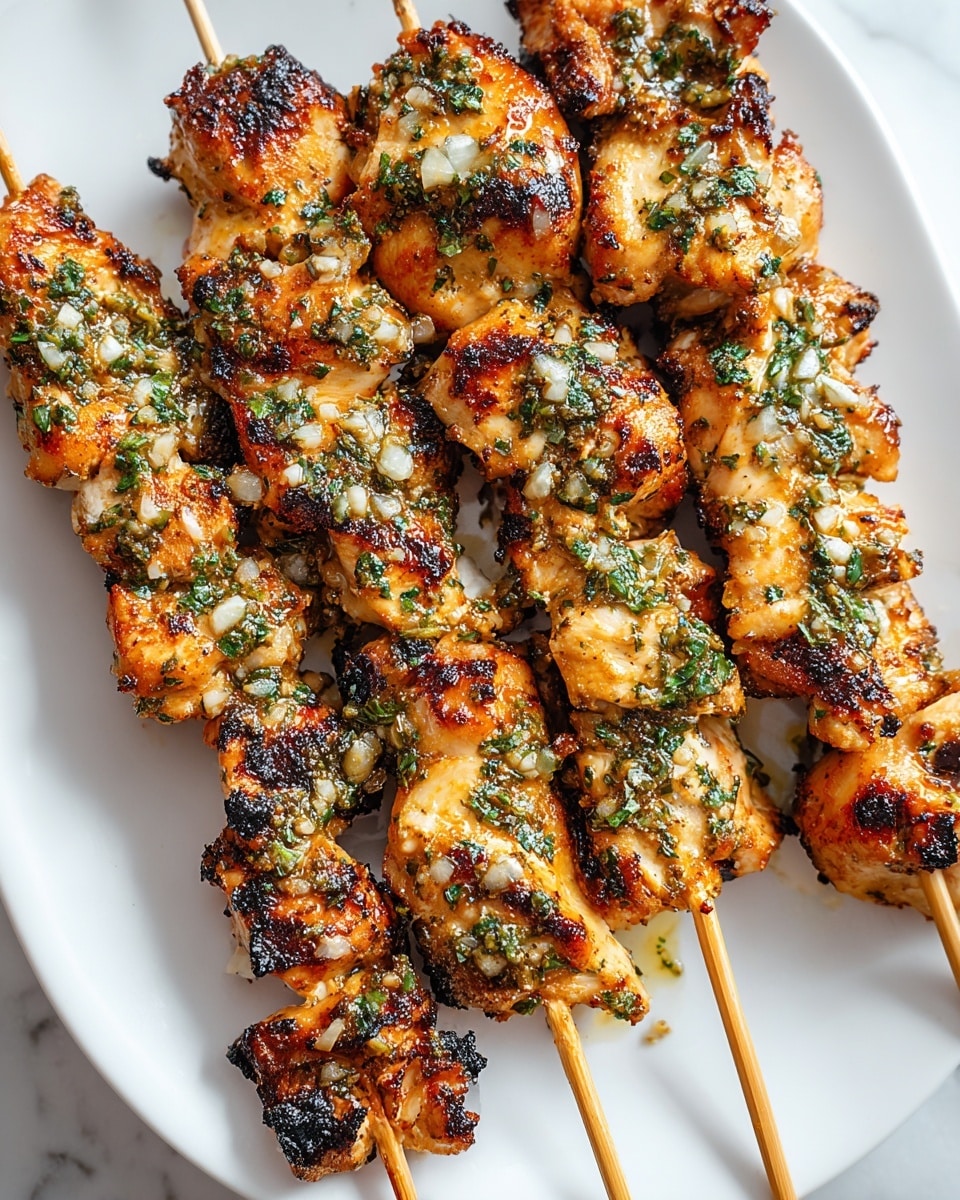 Three grilled chicken skewers are placed side by side on a white rectangular plate, each skewer holding several pieces of golden-brown chicken with dark char marks. The chicken looks juicy with a slightly crispy texture. Each skewer is topped with a green herb sauce sprinkled with small white crumbles, adding a fresh and textured layer. There are small bits of chopped parsley scattered lightly around the plate. The plate sits on a white marbled surface. Photo taken with an iphone --ar 4:5 --v 7