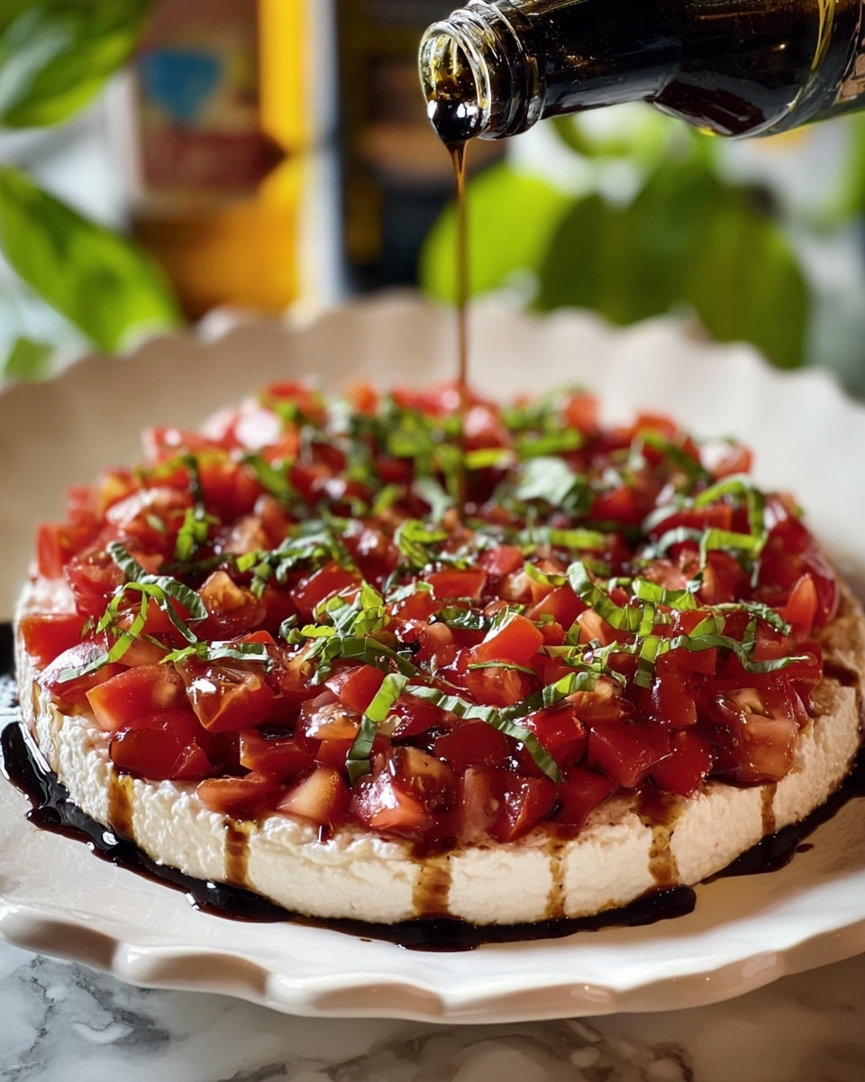 A white plate holds a single-layer dish starting with a creamy, white base that looks soft and slightly textured. On top, there is an even layer of small, bright red diced tomatoes scattered closely together. Over the tomatoes, there are thinly sliced pieces of fresh green basil spread evenly, giving a fresh and leafy texture. Dark balsamic glaze is being poured in thin lines across the entire dish, adding a glossy, deep brown contrast. The dish sits on a surface with a white marbled texture, and a woman’s hand is gently holding the plate from below. Photo taken with an iphone --ar 4:5 --v 7