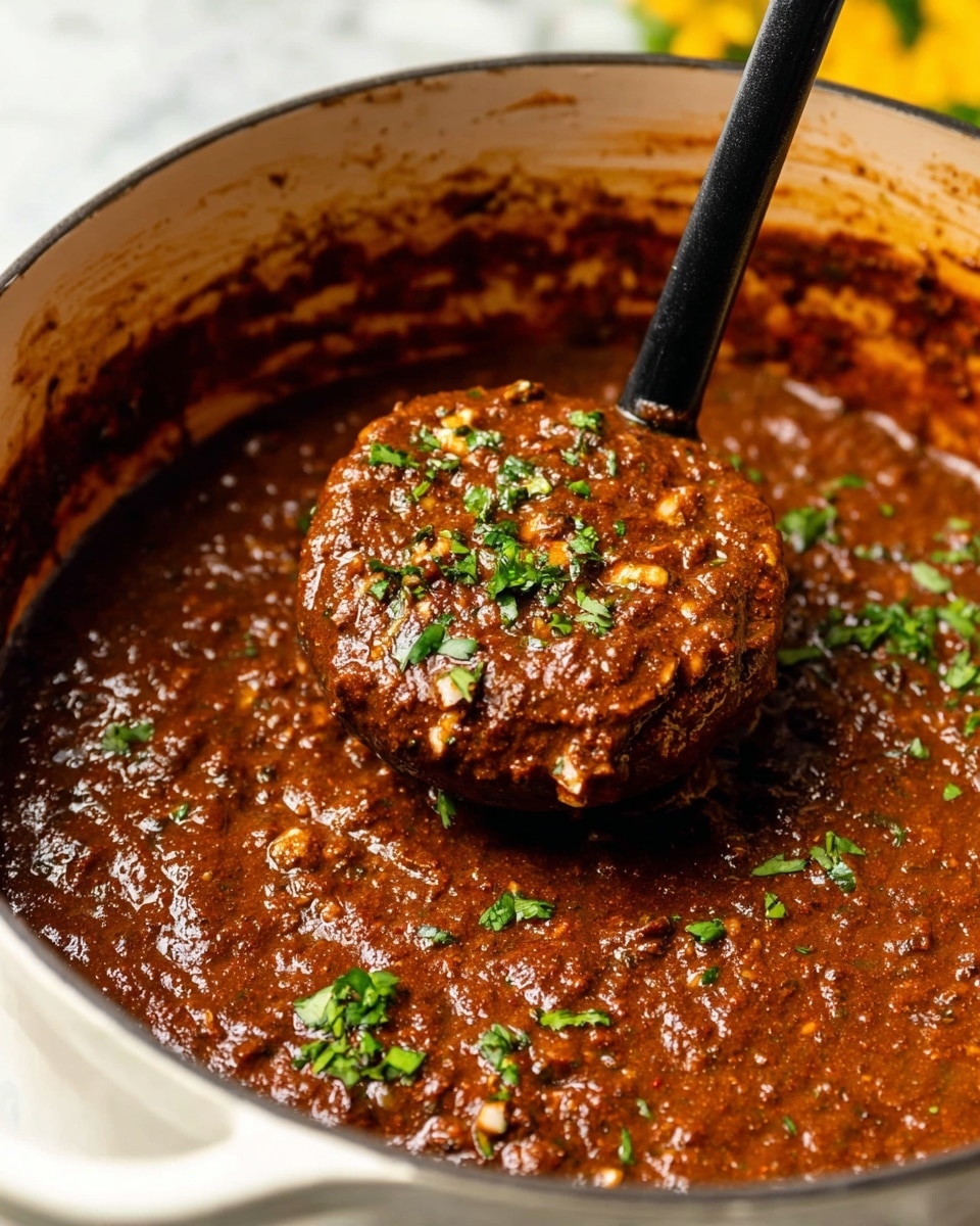 A large white pot filled with thick, reddish-brown mole sauce that has a chunky texture with small bits of ingredients visible. Bright green chopped herbs are sprinkled on top, adding contrast to the rich sauce. A black ladle is scooping some of the mole, showing its dense and slightly rough consistency. The pot is placed on a white marbled surface, and the background is softly blurred with hints of yellow and green colors. Photo taken with an iphone --ar 4:5 --v 7