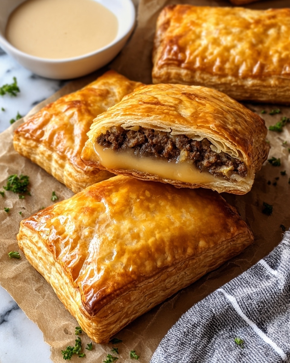 A close-up of rectangular golden brown puff pastry pockets with a shiny, flaky crust showing detailed layers on the edges. One pocket is cut open on top of another, revealing three visible layers: the top flaky pastry layer with a golden gloss, the middle cooked ground meat layer in dark brown with a slightly crumbly texture, and a smooth, light brown cheese sauce layer melting over the meat. The pastries sit on light brown parchment paper placed over a white marbled surface. There is a small white bowl of creamy sauce near the pastries and some green herb garnish scattered lightly around. A gray and white striped cloth is partly visible on the right side. photo taken with an iphone --ar 4:5 --v 7