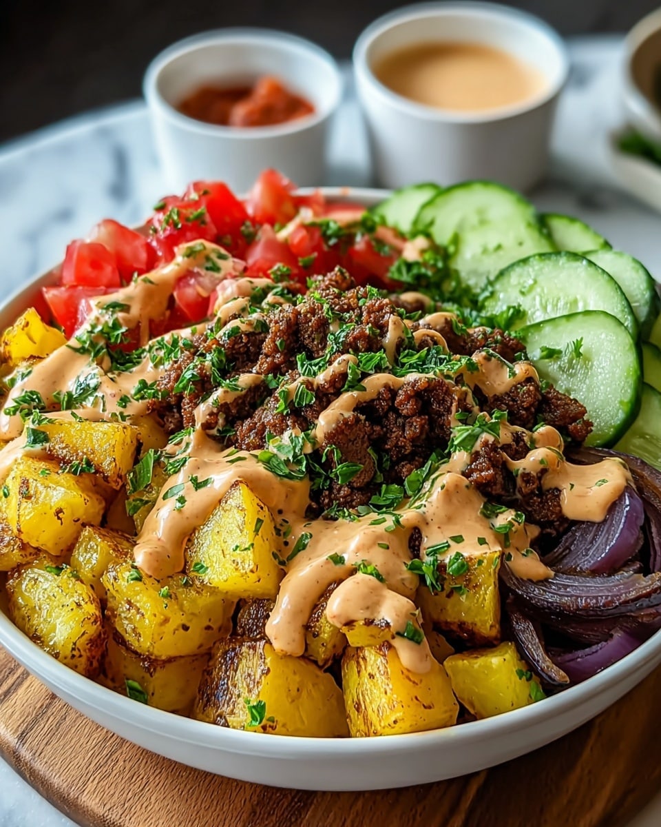 The dish is served in a white bowl filled with five main layers arranged side by side. Starting from the left, there are bright red chopped tomatoes, next to fresh green cucumber slices with red sauce, then a large portion of dark brown cooked ground meat, followed by golden yellow cooked potato cubes with black pepper seasoning, and on the far right, dark purple sliced onions. A light brown creamy sauce is drizzled over the meat and potatoes, topped with bright green chopped parsley scattered evenly across the sauce. The bowl sits on a round wooden board with two small white bowls of sauce in the blurred background, all on a white marbled texture. Photo taken with an iphone --ar 4:5 --v 7