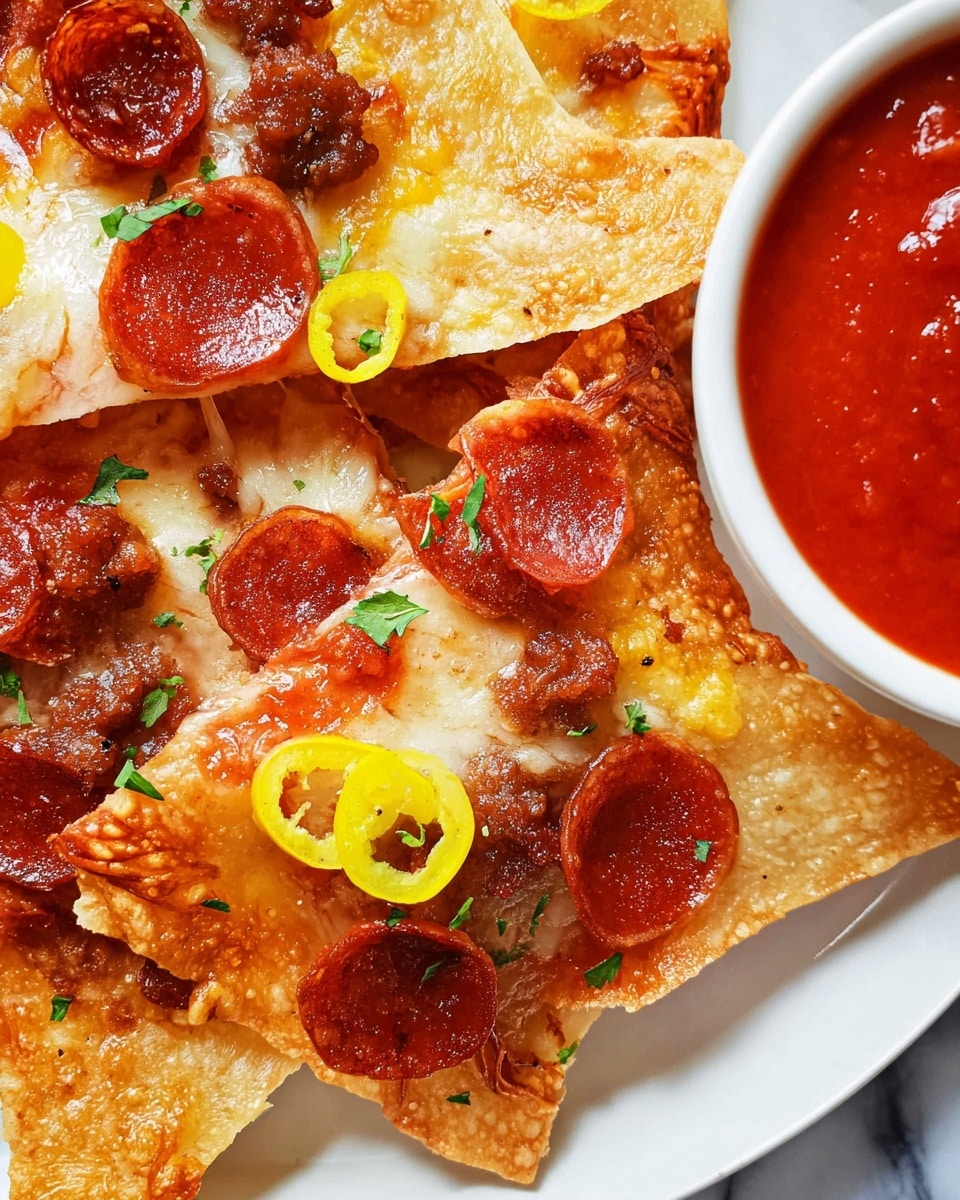 The image shows a close-up of three triangular pizza chips on a white plate, placed on a white marbled surface. Each chip is golden-brown with a crispy texture and some bubbly spots. On top of the chips, there are shiny, reddish-brown pepperoni slices, small bits of browned sausage, and melted white cheese that peeks through. Bright yellow pepper rings add a fresh pop of color, and small green parsley leaves are sprinkled on top for garnish. To the right, part of a white bowl filled with smooth red marinara sauce is visible. photo taken with an iphone --ar 4:5 --v 7