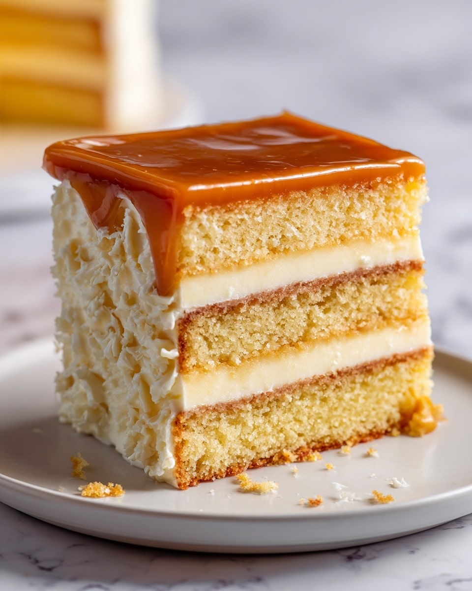 A close-up of a square slice of layered cake on a white plate, showing three main layers: the bottom and middle are light golden brown soft sponge cake, and the middle layer is creamy white frosting. The top layer is a shiny amber caramel glaze with a smooth and slightly sticky texture that reflects light. The cake looks moist with a soft crumb, and a few crumbs are seen on the plate. The background is blurred with a white marbled surface visible beneath the plate. photo taken with an iphone --ar 4:5 --v 7