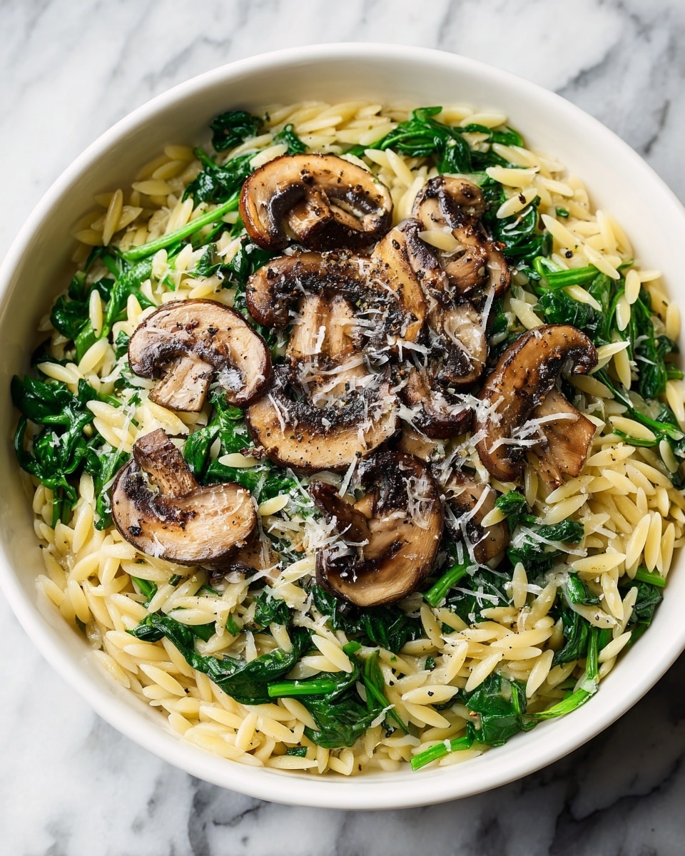 A white bowl filled with a dish of three main layers: the bottom layer is small, light yellow orzo pasta, the middle layer is bright green cooked spinach leaves mixed evenly among the pasta, and the top layer consists of several slices of brown sautéed mushrooms scattered on top, lightly sprinkled with shredded cheese and black pepper. The bowl sits on a white marbled surface. photo taken with an iphone --ar 4:5 --v 7