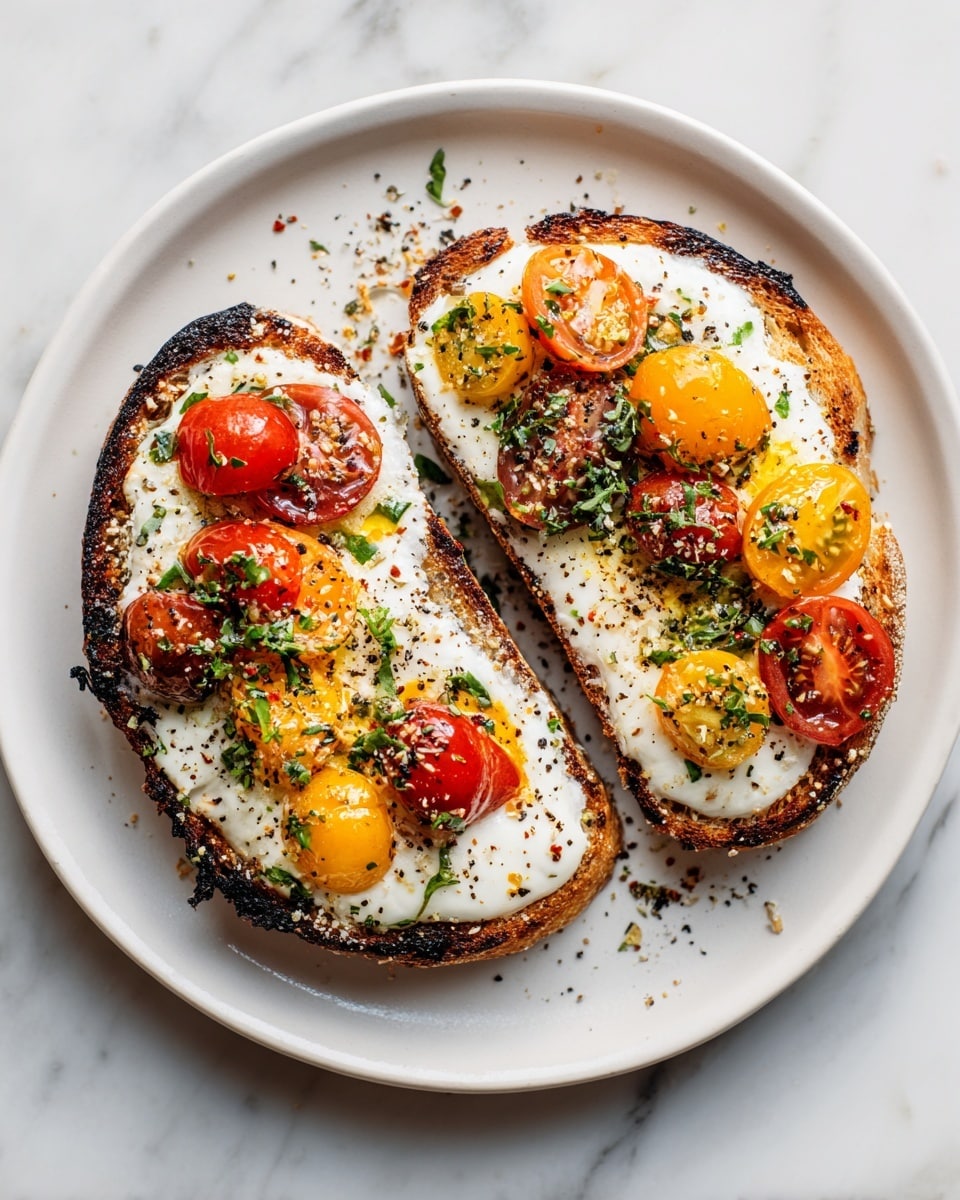 Two slices of toasted bread sit on a white plate, each slice covered with a thick, melted layer of white cheese that bubbles slightly with golden brown spots. On top, there are small slices of red and yellow cherry tomatoes, partially sunken into the cheese. Green herbs are scattered over the cheese, along with specks of black pepper and seasoning. The edges of the bread are dark and crisp, contrasting with the creamy cheese and bright tomatoes. The plate rests on a white marbled surface. photo taken with an iphone --ar 4:5 --v 7