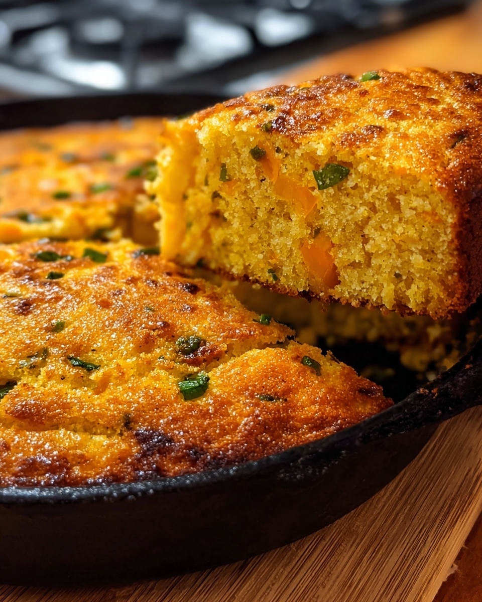 A close-up of a golden cornbread baked in a black cast iron skillet with one slice being lifted, showing a thick, moist texture with bits of green herbs and small chunks of orange cheese inside. The cornbread has a slightly crispy, browned top layer with a soft, yellow interior that looks fluffy and rich. The skillet sits on a wooden surface with a blurred stove in the background. The slice lifted displays the crumbly yet tender layers clearly. Photo taken with an iphone --ar 4:5 --v 7