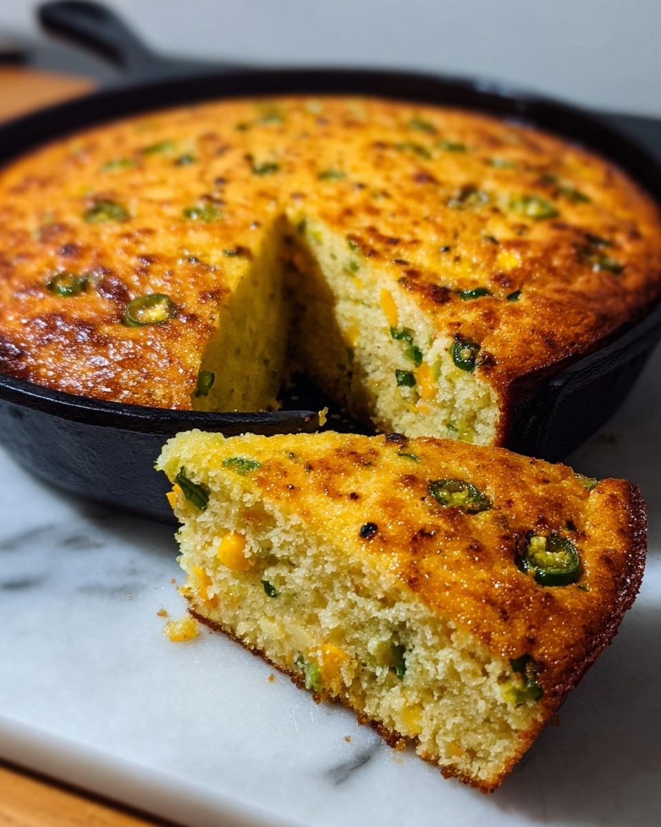A thick, round cornbread is shown in a black cast iron pan placed on a white marbled surface. The cornbread has a golden brown top layer with a slightly crispy texture and scattered small green and orange bits, likely jalapeños and corn kernels. A large slice is cut and placed in front of the pan, revealing the inside with a soft, moist, yellow crumb filled with visible pieces of green and orange vegetables. The edges of the cornbread are darker brown and slightly crisp. Photo taken with an iphone --ar 4:5 --v 7