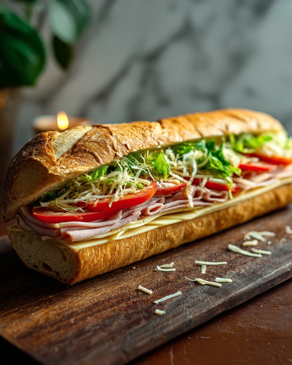 A long sandwich is placed on a dark wooden board with a white marbled texture background. The sandwich has a thick, crunchy golden-brown bread crust. Inside, there are four layers: at the bottom, light yellow cheese slices; above that, thin folded slices of deli meat in pale brown; on top of the meat, bright green leafy lettuce; and then round, red tomato slices with some white shredded cheese sprinkled over the top. The sandwich looks fresh and well-stacked, with some lettuce and shredded cheese peeking out from the sides. Photo taken with an iphone --ar 4:5 --v 7