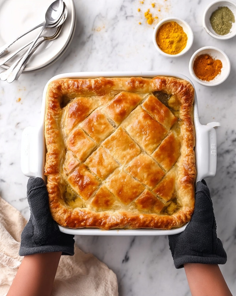A golden brown square pie with a flaky crust sits in a white square baking dish, showing a slightly raised top layer with a crisscross pattern lightly cut into the dough. The crust looks crisp and shiny with a few small cracks near the edges where the filling peeks through. Two woman's hands wearing black oven mitts grip the sides of the baking dish, lifting it from a white marbled surface. Around the dish, there are small white bowls with bright yellow and orange spices, and a white plate with silver spoons partly visible at the top. The scene is bright and clean with a soft, natural light. photo taken with an iphone --ar 4:5 --v 7