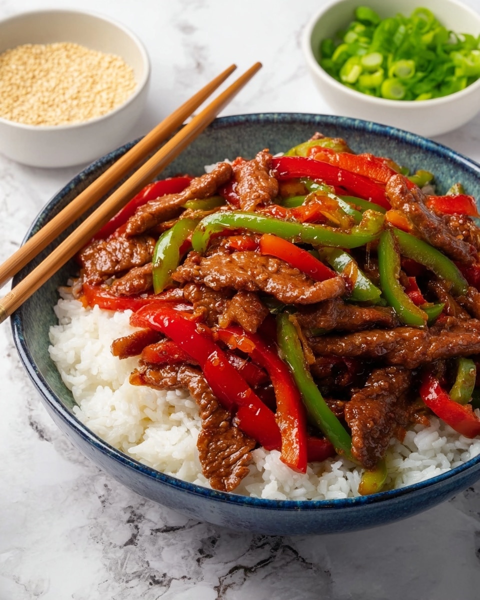 A round bowl with a blue rim holds a layer of white cooked rice at the bottom, topped with flamed brown strips of beef stir fry mixed with glossy red and green bell pepper slices, creating a colorful and rich contrast. On the top left edge of the bowl, a pair of light brown wooden chopsticks rest gently. In the background, there are two small white bowls, one filled with light golden sesame seeds and the other with fresh green chopped scallions, all placed on a white marbled surface. photo taken with an iphone --ar 4:5 --v 7