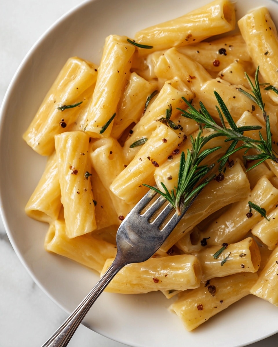 A close-up view of a white plate filled with smooth, tubular pasta pieces coated in a creamy, light golden sauce with visible black pepper flakes. Fresh green rosemary sprigs are scattered on top, adding a touch of brightness and texture. A shiny silver fork is placed on the right side of the plate, slightly piercing one pasta tube while holding a small rosemary sprig. The plate sits on a white marbled surface. photo taken with an iphone --ar 4:5 --v 7
