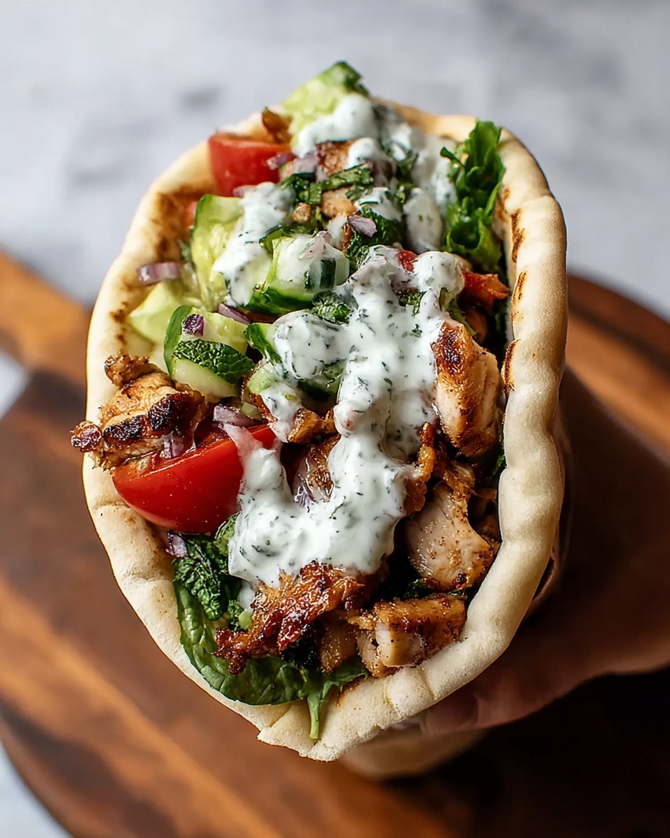 A pita wrap filled with three main layers is held by a woman's hand on the right. The bottom layer is made of grilled, browned chicken pieces with a slightly crispy texture. Above the chicken, there are fresh chopped vegetables including green cucumbers, red tomatoes, and leafy green herbs. The top layer is a drizzle of thick white sauce with visible herbs that partly spills over the edge of the pita. The pita bread is soft with a light beige color, slightly puffed and folded around the fillings. The wrap is placed on a wooden board against a white marbled background. Photo taken with an iphone --ar 4:5 --v 7