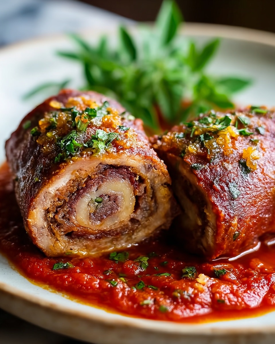 Two meat rolls sit on a white plate, each roll having three visible layers; the outer layer is a browned and crispy meat with small bits of green herbs sprinkled on top, the middle layer is a thin light brown ring, and the innermost layer is a dark red meat filling. The rolls are covered in a deep red tomato sauce that pools on the plate and has a slightly chunky texture. Some green leaves are blurred in the background, adding a fresh touch. The plate is placed on a white marbled surface. photo taken with an iphone --ar 4:5 --v 7