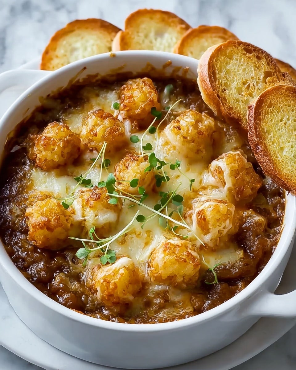 A white round dish filled with a thick brown onion soup base at the bottom, topped with several golden-brown crispy tater tots that are partly covered by a layer of melted and slightly browned cheese. Small green herb sprigs are placed on top for garnish. On the right side of the dish, three toasted white bread slices with a golden crust neatly rest. The dish is set on a white marbled surface. Photo taken with an iphone --ar 4:5 --v 7