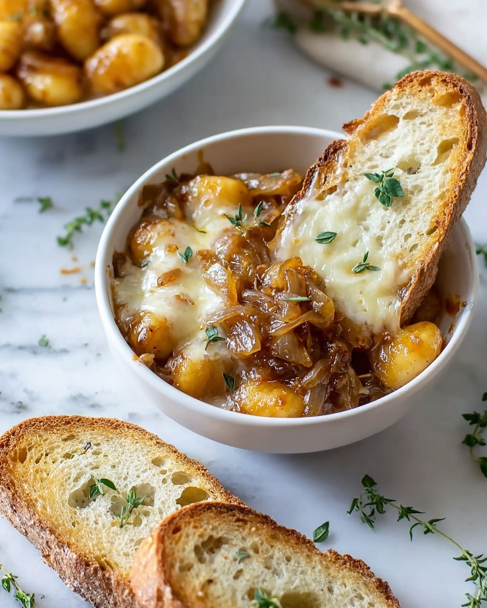 A white bowl filled with golden brown gnocchi covered in a thick layer of caramelized onions mixed with melted, creamy white cheese on top. A slice of toasted rustic bread with a light golden crust and soft, airy interior is placed inside the bowl, partly dipped into the gnocchi and melted cheese, garnished with a small green herb leaf on the bread. Two more slices of toasted bread with a similar texture and small green herb leaves rest in the foreground on a white marbled surface, with some sprigs of fresh green herbs scattered around for decoration. Another bowl with more gnocchi blurred in the background completes the scene. Photo taken with an iphone --ar 4:5 --v 7