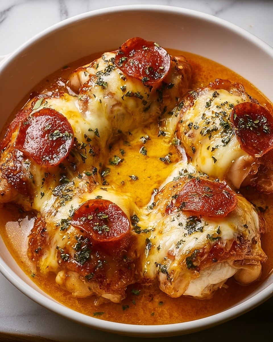 In a white round dish, there are four pieces of baked chicken thighs each topped with a melted layer of golden yellow cheese that is slightly browned in spots, and a small, round slice of pepperoni that is deep red with a shiny texture. The chicken sits in a pool of orange sauce that looks smooth and glossy, with small green herb sprinkles scattered evenly over the cheese and sauce. The dish rests on a white marbled surface. photo taken with an iphone --ar 4:5 --v 7