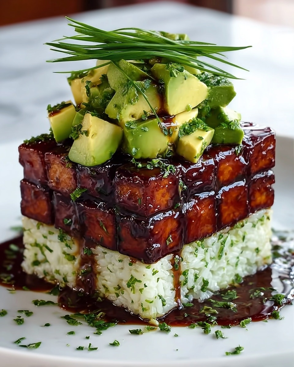 The dish shows a neat three-layer stack on a white plate, placed on a white marbled surface. The bottom layer is a compact, square block of white rice mixed with green herbs, giving it a soft and textured look. The middle layer is made up of dark brown, shiny glazed cubes of tofu or similar ingredient, arranged closely to form a solid square, with sauce dripping slightly down onto the rice. The top layer consists of bright green chunks of avocado, roughly cut and piled loosely. A small bunch of long, thin, green herbs sits on top of the avocado. Finely chopped green herbs are sprinkled around the plate, adding a fresh look. Photo taken with an iphone --ar 4:5 --v 7