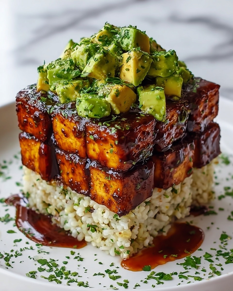A neatly stacked cube made up of three layers sits on a white plate with a white marbled texture background. The bottom layer is a bed of light-colored rice mixed with small green herbs, giving it a soft, textured look. On top of the rice is a thick layer of tofu cubes coated in a dark glossy sauce, the tofu pieces are well browned with a rich caramel color and the sauce is dripping slightly down the sides. The top layer consists of bright green avocado chunks mixed with finely chopped herbs, adding a fresh and vibrant contrast to the darker tofu layer underneath. Small green herb sprinkles surround the base of the stack on the white plate. photo taken with an iphone --ar 4:5 --v 7