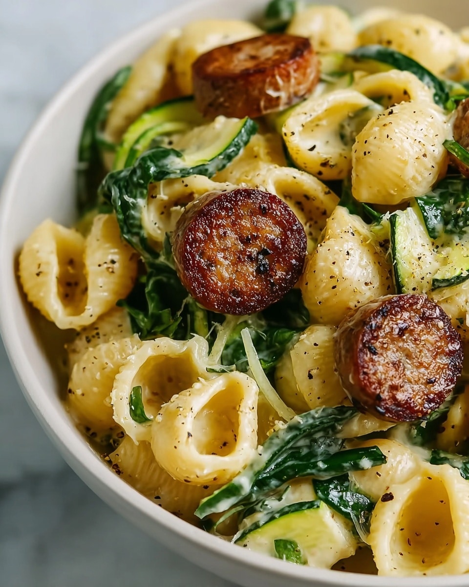 A close-up of a pasta dish in a white bowl on a white marbled surface, featuring small shell-shaped pasta coated in a light creamy sauce with visible specks of black pepper. The pasta is mixed with fresh, bright green spinach leaves and thin slices of green zucchini, adding a fresh, vibrant contrast. On top are two thick, browned sausage slices, showing a crispy texture with charred bits. The overall look is warm and inviting with a mix of creamy, green, and golden-brown tones. Photo taken with an iphone --ar 4:5 --v 7