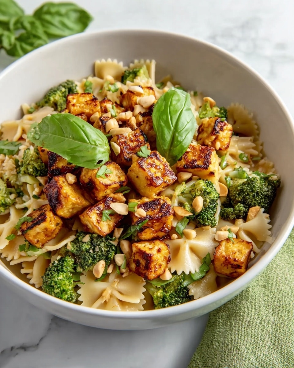 A white bowl filled with a colorful pasta dish featuring layers of light beige bowtie pasta at the base, topped with bright green broccoli florets spread evenly throughout. On top, golden-brown cubed pieces of grilled or roasted paneer or tofu add a crispy texture, sprinkled with small off-white pine nuts and chopped fresh green herbs. Two fresh green basil leaves rest on the top layer, adding a pop of color. The bowl is placed on a white marbled surface with hints of a green cloth nearby. photo taken with an iphone --ar 4:5 --v 7