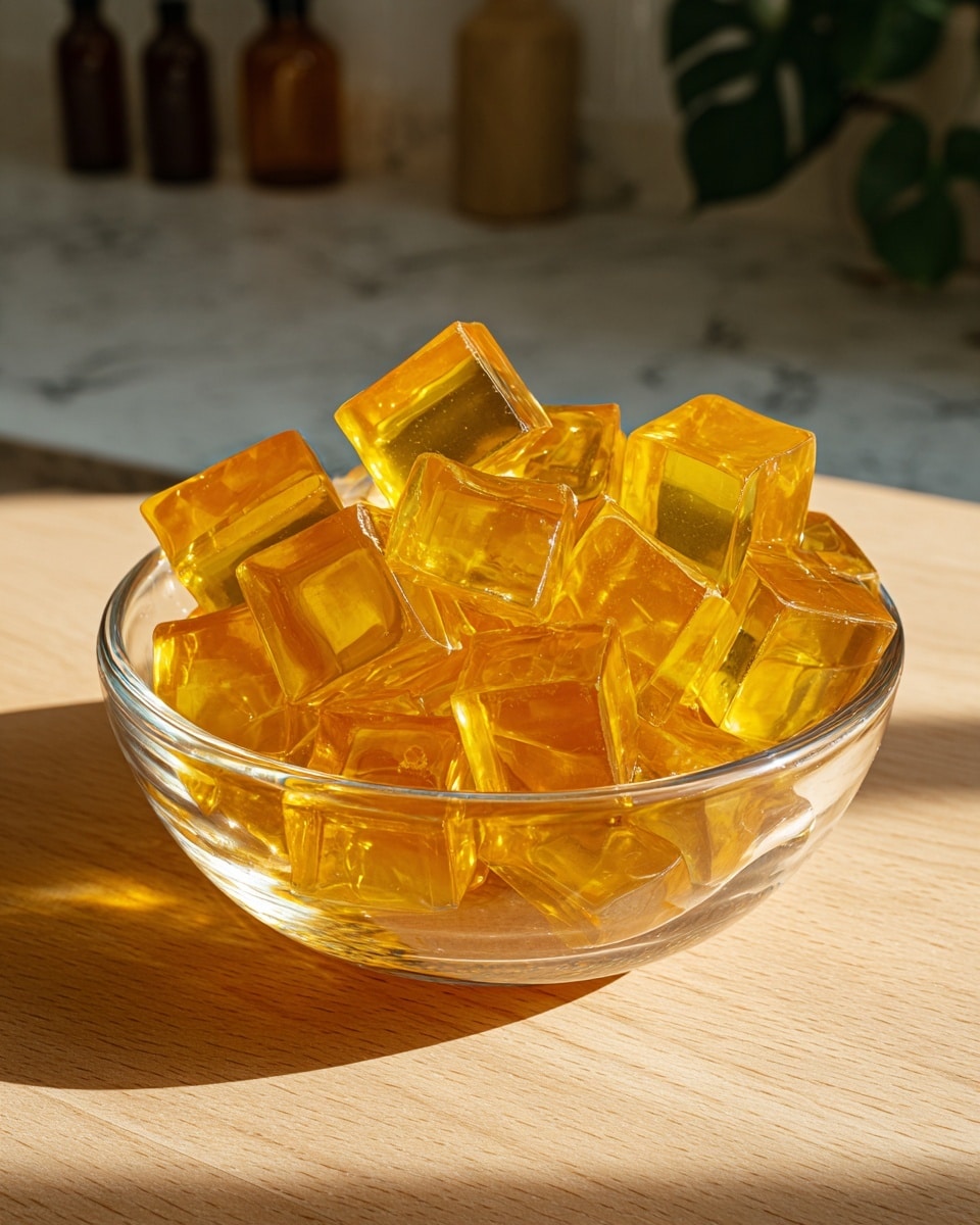 A clear glass bowl filled with many golden yellow jelly cubes sits on a light wood surface, with sunlight casting soft shadows. Each jelly cube is smooth, translucent, and shiny with sharp edges, piled randomly inside the bowl. The background shows a blurred kitchen counter and some bottles, while the surface beneath the bowl has a warm tone but is changed to a white marbled texture. The photo is brightly lit with natural light. photo taken with an iphone --ar 4:5 --v 7