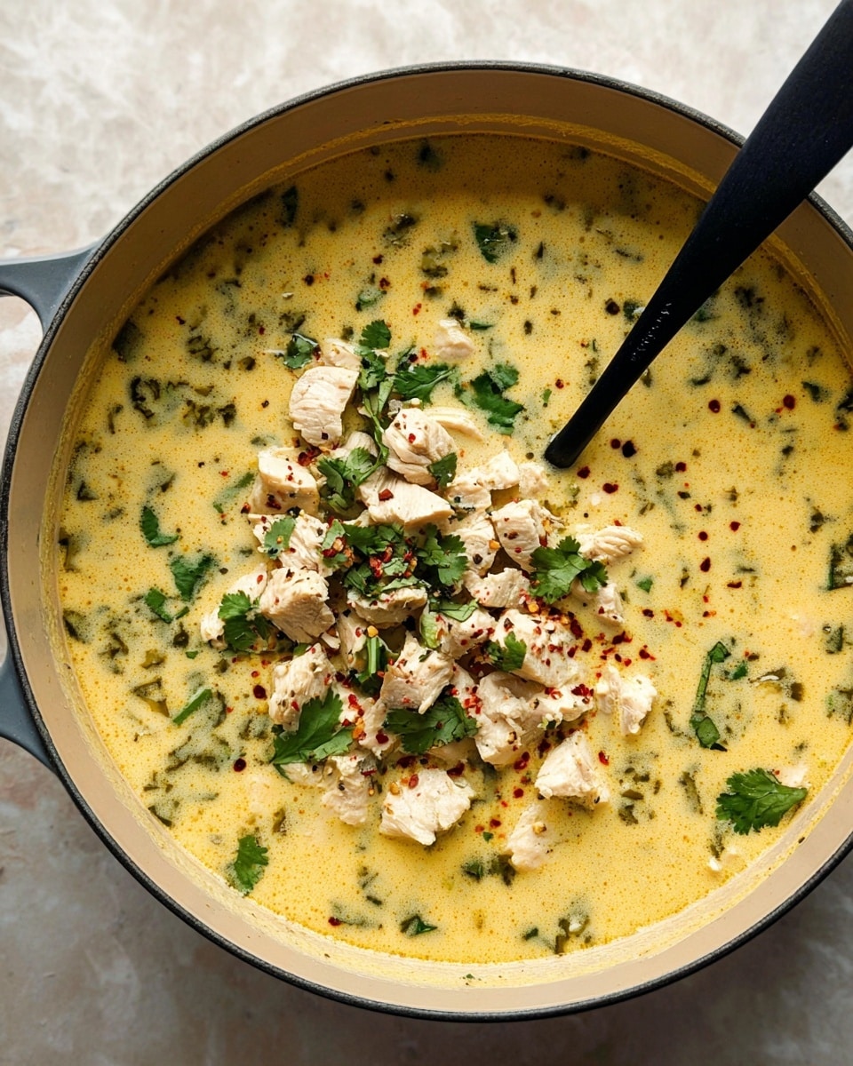 A large round pot filled with a creamy light yellow soup with visible small green herb pieces all over the surface. In the middle, there is a heap of chopped white chicken pieces sprinkled with black pepper and red pepper flakes. Fresh green cilantro leaves are scattered on top and around the chicken. A black spoon rests inside the pot, partly under the chicken pieces. The pot is placed on a white marbled surface. photo taken with an iphone --ar 4:5 --v 7