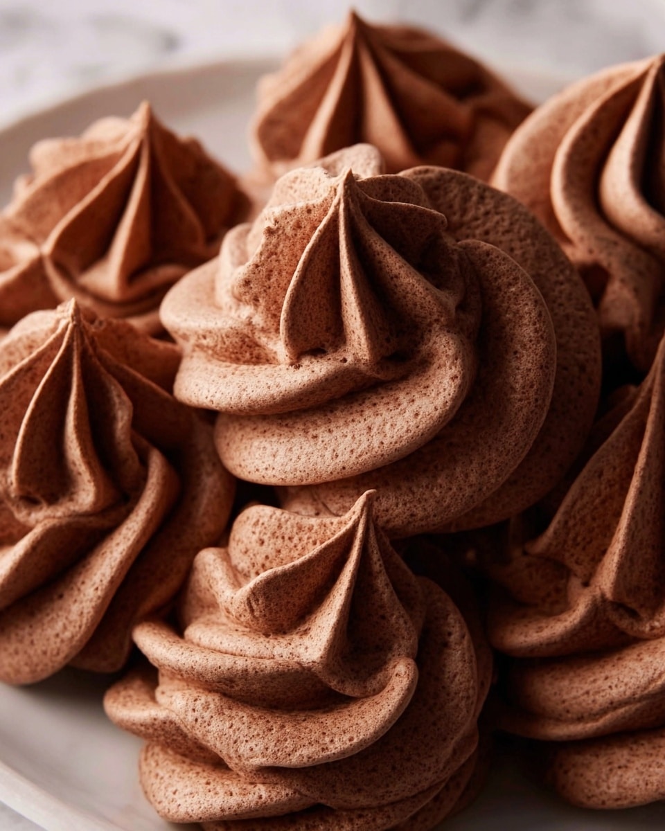 The image shows a close-up of several chocolate meringues piled together on a white plate. Each meringue is shaped like a small swirl with sharp, defined ridges and peaks, exhibiting a rich brown color with a slightly matte texture. The swirls have a light and airy look with smooth surfaces and a consistent chocolate shade throughout. The white marbled texture beneath the plate adds a subtle contrast to the dark meringues. photo taken with an iphone --ar 4:5 --v 7