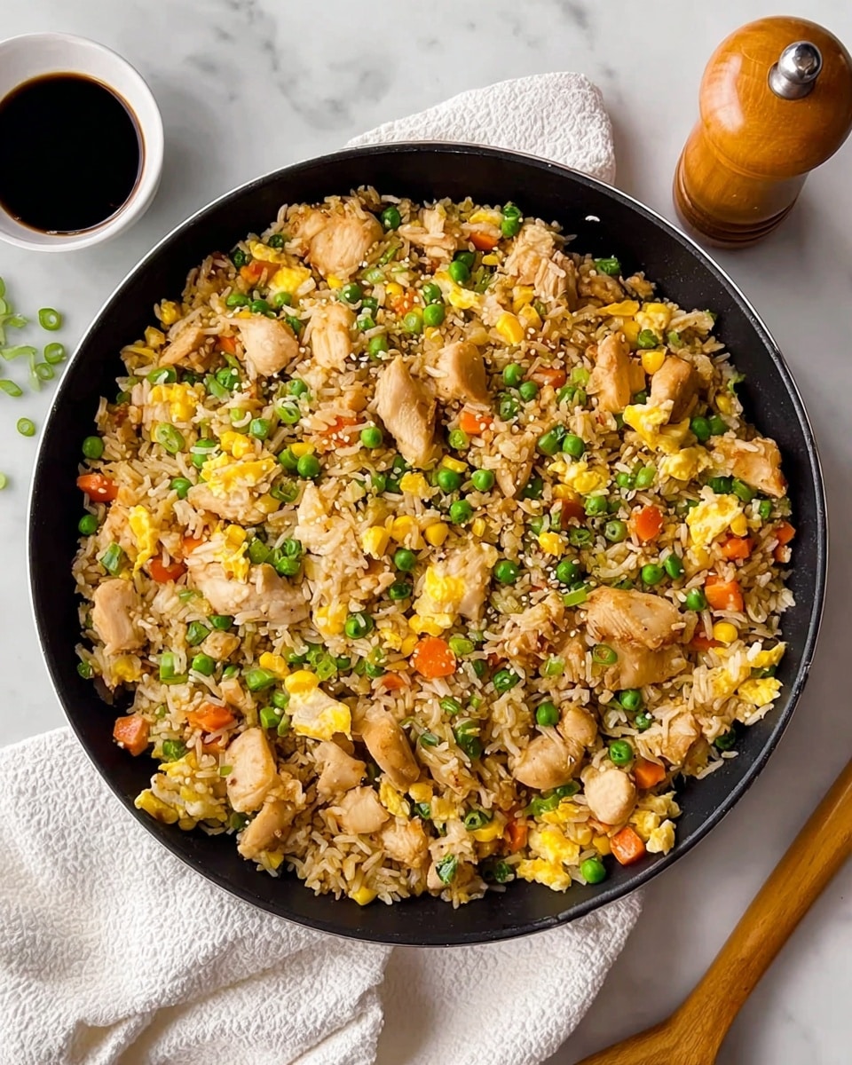A black pan filled with fried rice sits on a white marbled surface covered partly by a white cloth. The fried rice is made of light brown rice mixed evenly with small pieces of cooked chicken in light beige, diced orange carrots, green peas, bright yellow scrambled eggs, and yellow corn kernels. The dish is topped with finely chopped green onions scattered all over. Nearby, there is a small white bowl with dark soy sauce and a wooden pepper grinder. The photo taken with an iphone --ar 4:5 --v 7