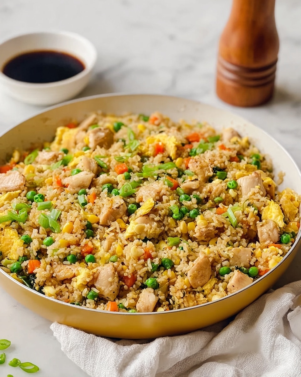 A yellow pan filled with fried rice sits on a white marbled surface over a white cloth. The fried rice has a mix of colors and textures including light golden brown rice, small bright green peas, yellow corn kernels, orange carrot pieces, and light brown cooked chicken chunks. There are small yellow scrambled egg bits scattered throughout with green sliced scallions on top. In the background, there is a white bowl with dark soy sauce and a wooden pepper grinder. The overall scene is bright and the food looks fresh and well mixed. photo taken with an iphone --ar 4:5 --v 7
