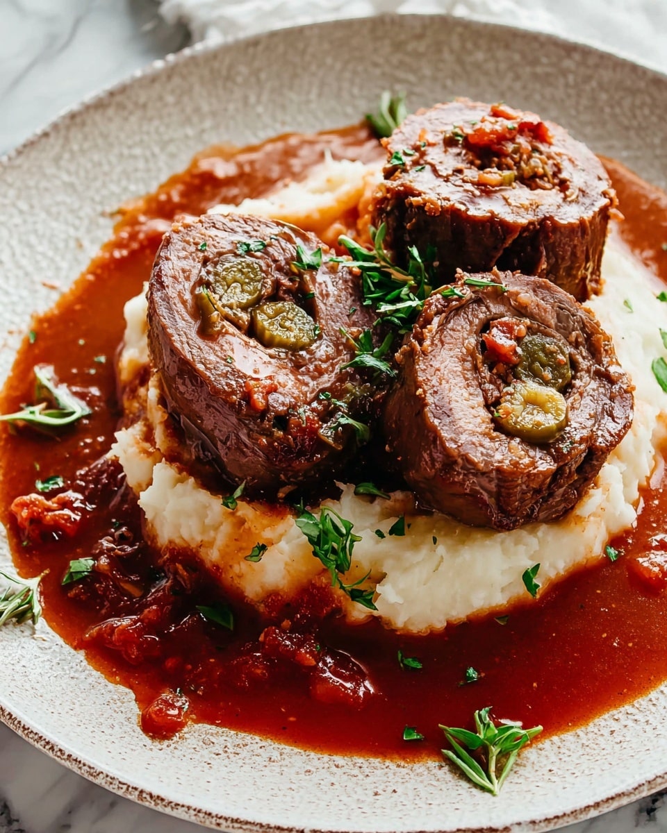 Three thick rolled beef slices stuffed with pickle pieces are placed on a bed of creamy white mashed potatoes, topped and surrounded by a thick, glossy reddish-brown sauce with visible small chunks of tomato and herbs. Fresh green herb leaves are scattered on top and around for garnish. The food rests on a white plate with subtle texture, set on a white marbled surface. photo taken with an iphone --ar 4:5 --v 7