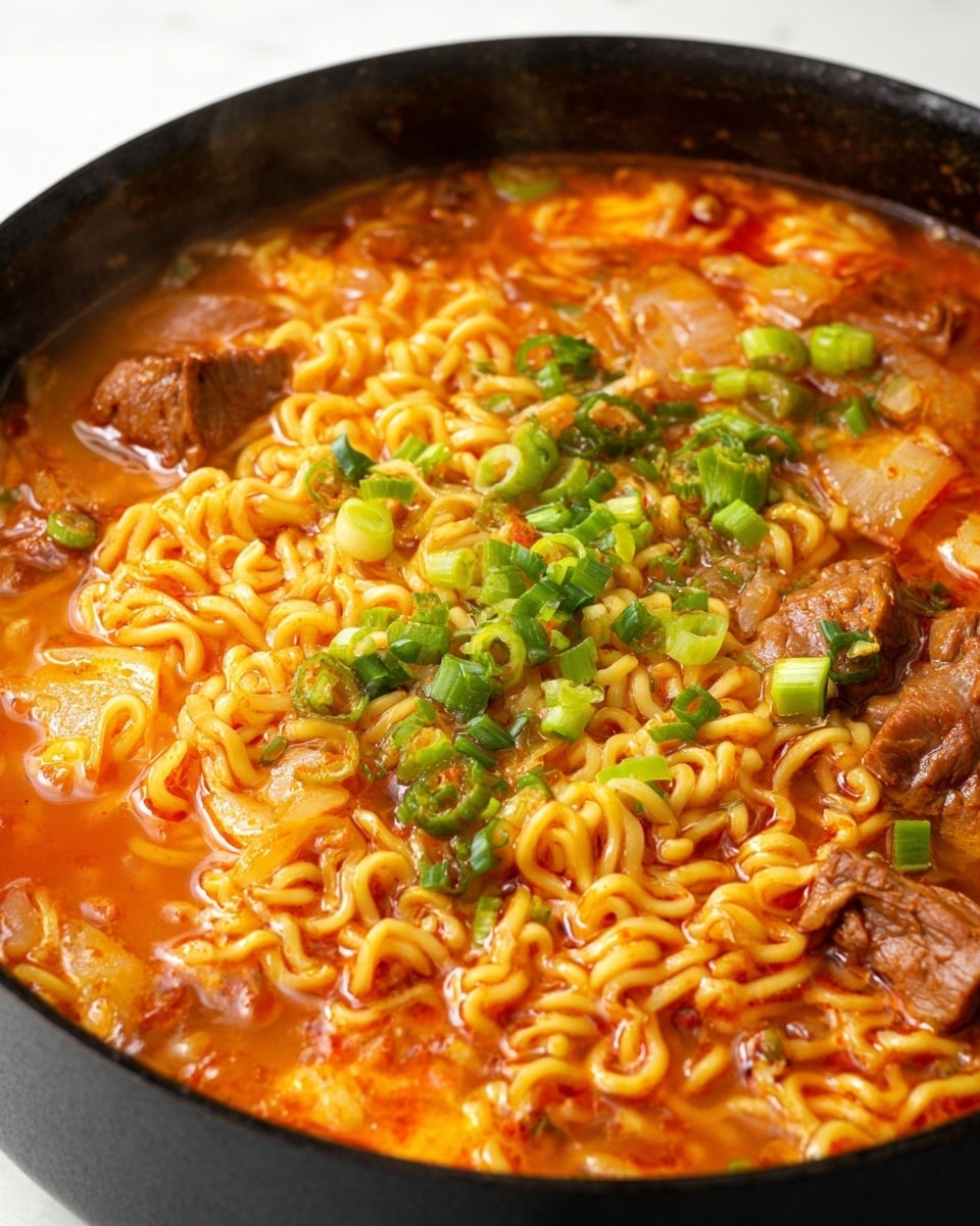 A close-up of a black pan filled with spicy ramen soup showing a rich orange-red broth. On top, there is a thick layer of cooked curly yellow noodles mixed with chunks of browned meat and soft translucent onion slices. The noodles and meat are partially submerged in the broth, which has an oily surface. Scattered green chopped scallions sit on top, adding freshness and color contrast. The dish is set on a white marbled texture surface. photo taken with an iphone --ar 4:5 --v 7