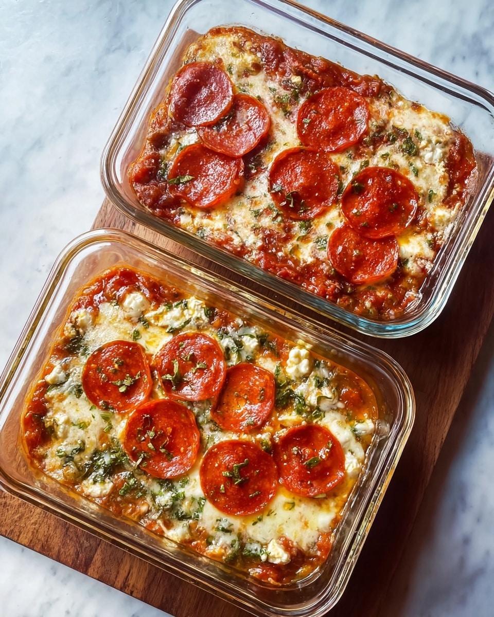 Two clear glass rectangular containers each hold a baked dish with three visible layers: the bottom layer is a chunky, reddish tomato sauce mixed with white cheese curds and green herbs; the middle layer is melted, bubbly white cheese spread unevenly; the top layer has five to six round, shiny red pepperoni slices sprinkled with green herbs. The containers are placed side by side on a wooden board, all set on a white marbled texture surface. photo taken with an iphone --ar 4:5 --v 7