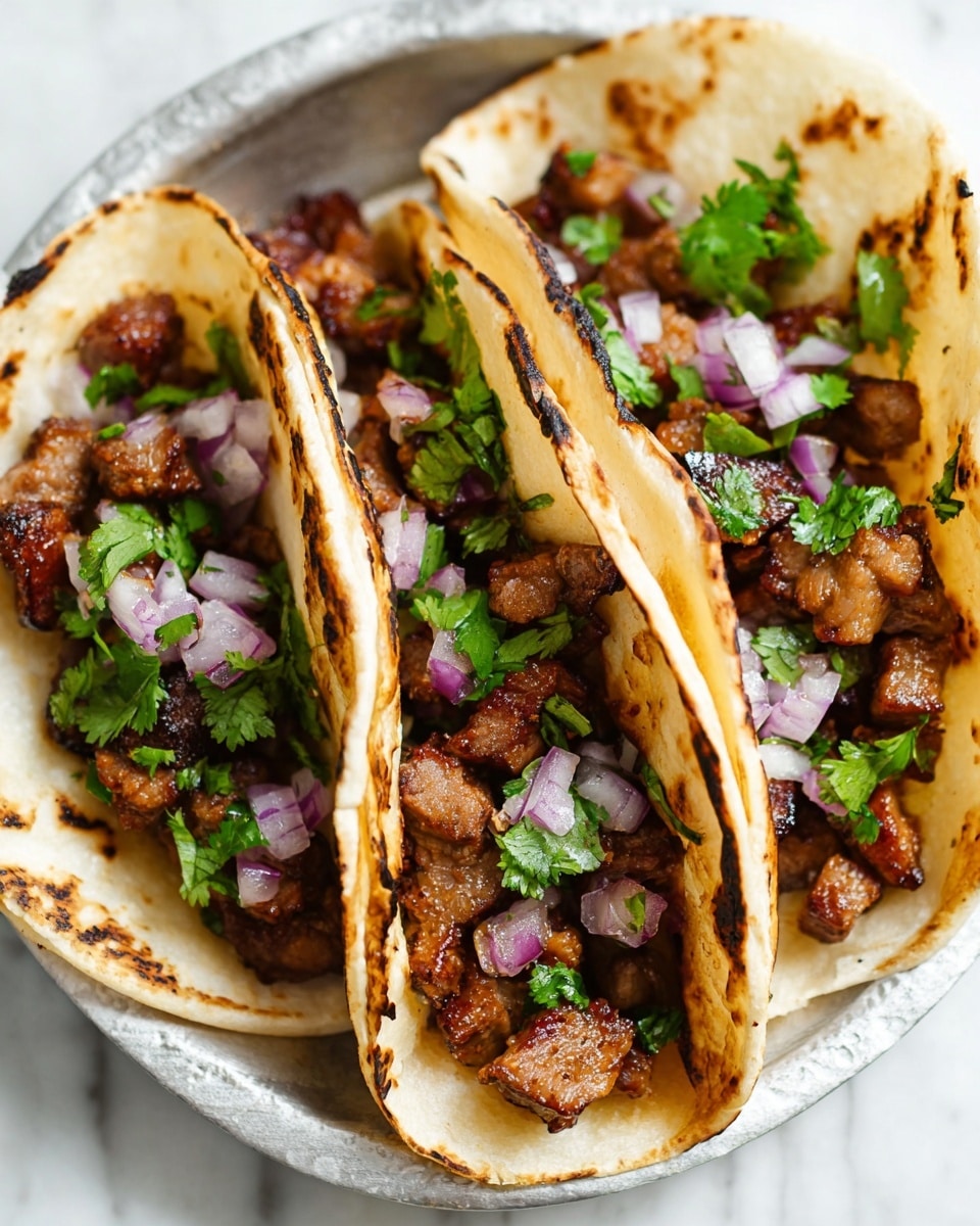Three soft corn tortillas with light brown char marks on their edges are folded and placed closely together on a round white plate showing some metal texture. Each tortilla holds a filling of browned, cooked meat pieces that look juicy and slightly crispy. On top of the meat, there are small, chopped purple and white onion pieces along with bright green cilantro leaves scattered evenly. The whole scene is set against a white marbled surface. photo taken with an iphone --ar 4:5 --v 7
