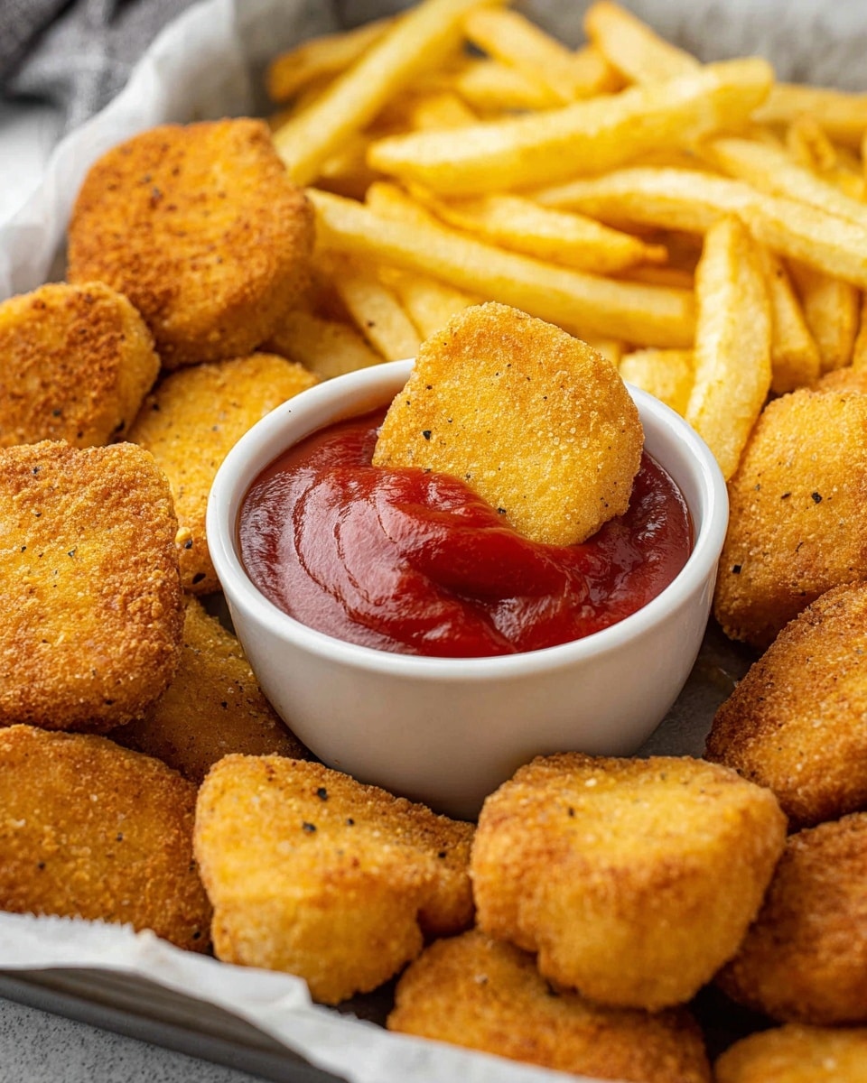 A close-up image of a tray filled with golden brown chicken nuggets and yellow French fries, arranged around a white bowl of thick red ketchup at the center; one chicken nugget is dipped partly into the ketchup, showing its crispy texture with small black pepper bits, all set on a white marbled textured surface. photo taken with an iphone --ar 4:5 --v 7