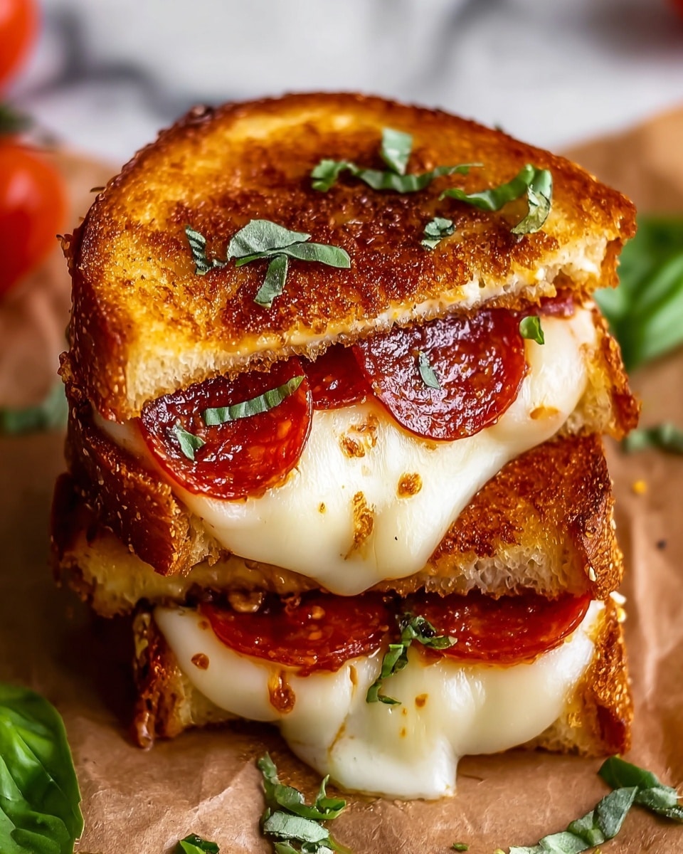 The image shows a close-up of a stacked grilled sandwich cut in half, with two layers of golden brown, crispy toasted bread. Between the slices, there is melted white cheese with a smooth, gooey texture, and several slices of shiny, reddish-brown pepperoni that look slightly crisped at the edges. Fresh green basil leaves are scattered on top of the sandwich and around it, adding contrast to the warm colors. The sandwich is placed on a piece of brown parchment paper, and the background is a white marbled texture. Photo taken with an iphone --ar 4:5 --v 7