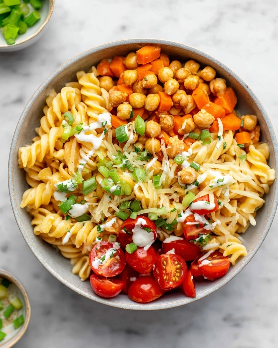 A bowl filled with three layers of food sits on a white marbled surface. The bottom layer is twisted pasta with a pale yellow color. On top of that are pieces of cooked chickpeas scattered evenly and slices of orange carrots. There are also halved bright red cherry tomatoes placed around the bowl. The third layer is added green onion pieces, white shredded cheese, and small dabs of white creamy sauce with herbs drizzled across the dish, adding texture and color contrast. Photo taken with an iphone --ar 4:5 --v 7