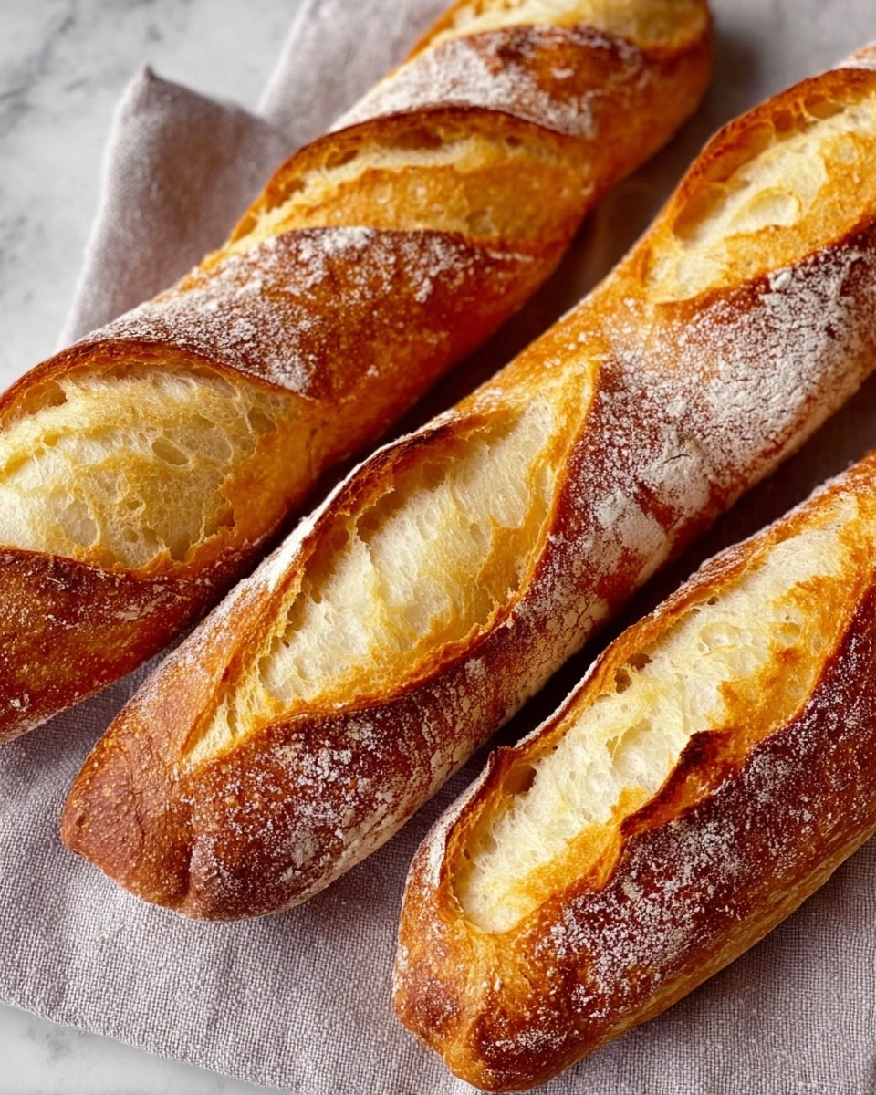 Three golden-brown baguettes lie side by side on a light grey cloth over a white marbled surface. Each baguette has a crispy, crunchy crust with light cracks and a dusting of white flour on top. The top layer shows multiple long, diagonal slashes revealing soft, airy interior bread that is pale cream with a slightly shiny texture. The baguettes appear fresh and warm with distinct crumb details inside the slashes. Photo taken with an iphone --ar 4:5 --v 7