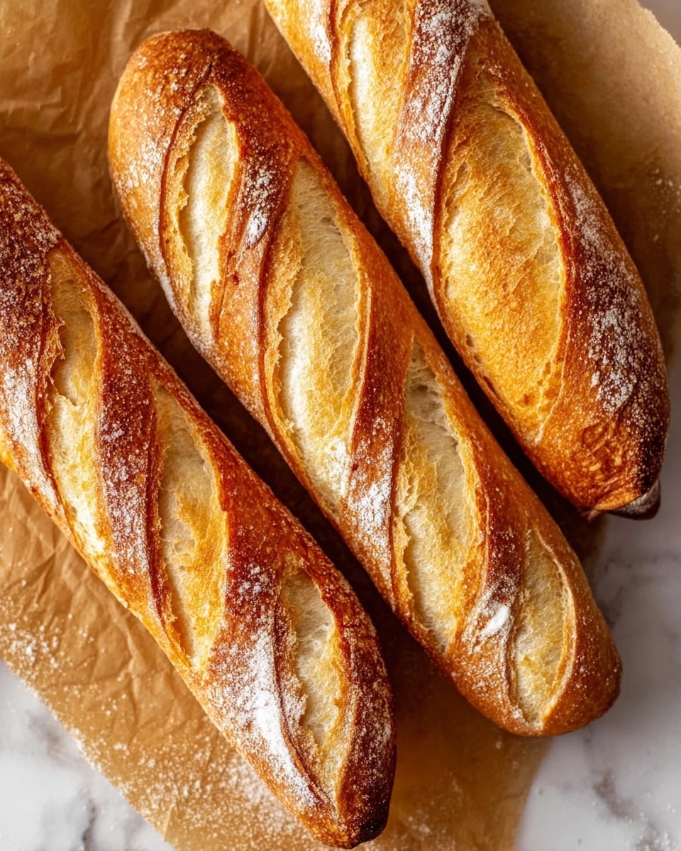 Three golden brown baguettes with a crispy crust and soft airy insides are placed close together on brown parchment paper over a white marbled surface. Each baguette has several diagonal slashes on top showing the light and fluffy texture inside. The crust has a slightly darker, toasted color along the edges of the slashes with some light flour dusted on the surface. photo taken with an iphone --ar 4:5 --v 7